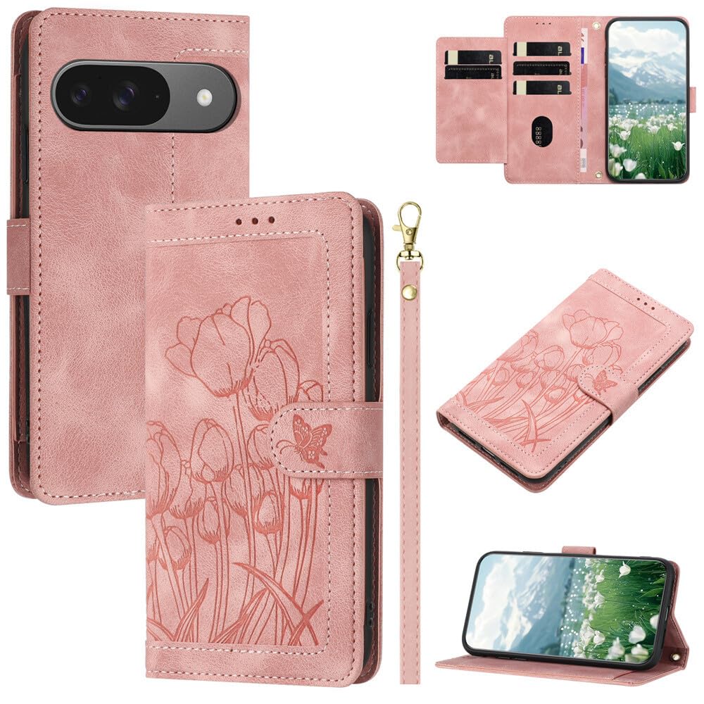 Étui compatible Google Pixel 6A rose housse protection cuir à rabat papillon - 8