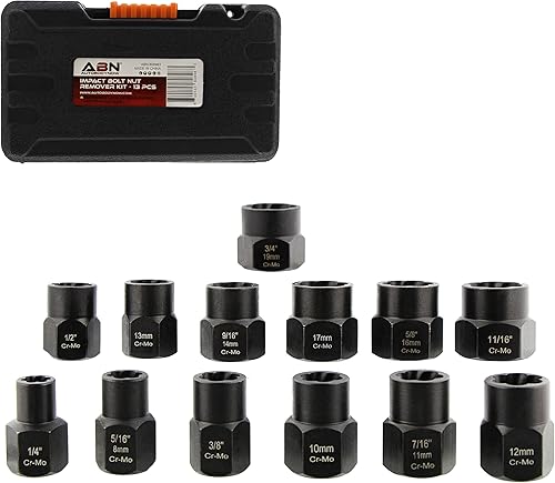 ABN Juego de llaves de extractor de tuercas para extractor de pernos de impacto, 14 piezas hexagonales, para cierres redondeados oxidados y dañados