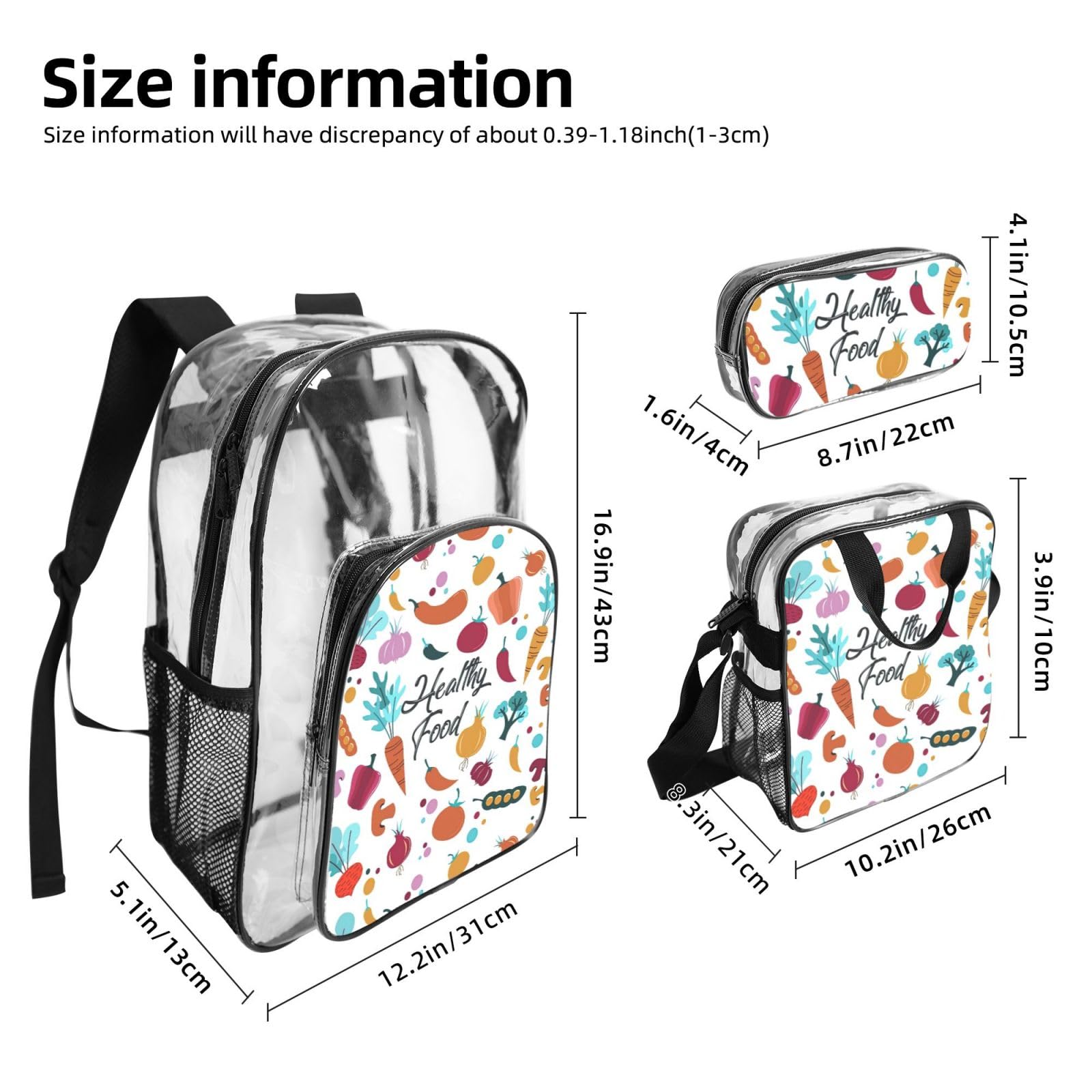 Set di 3 borse trasparenti per bambini, con stampa di alimenti sani, borsa trasparente con borsa termica per il pranzo inclusa
