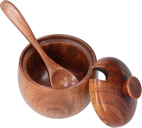 Caja de sal de madera, 3.5 x 3.3 pulgadas, azucarero y pimienta, contenedor con tapa y cuchara para servir condimentos de cocina