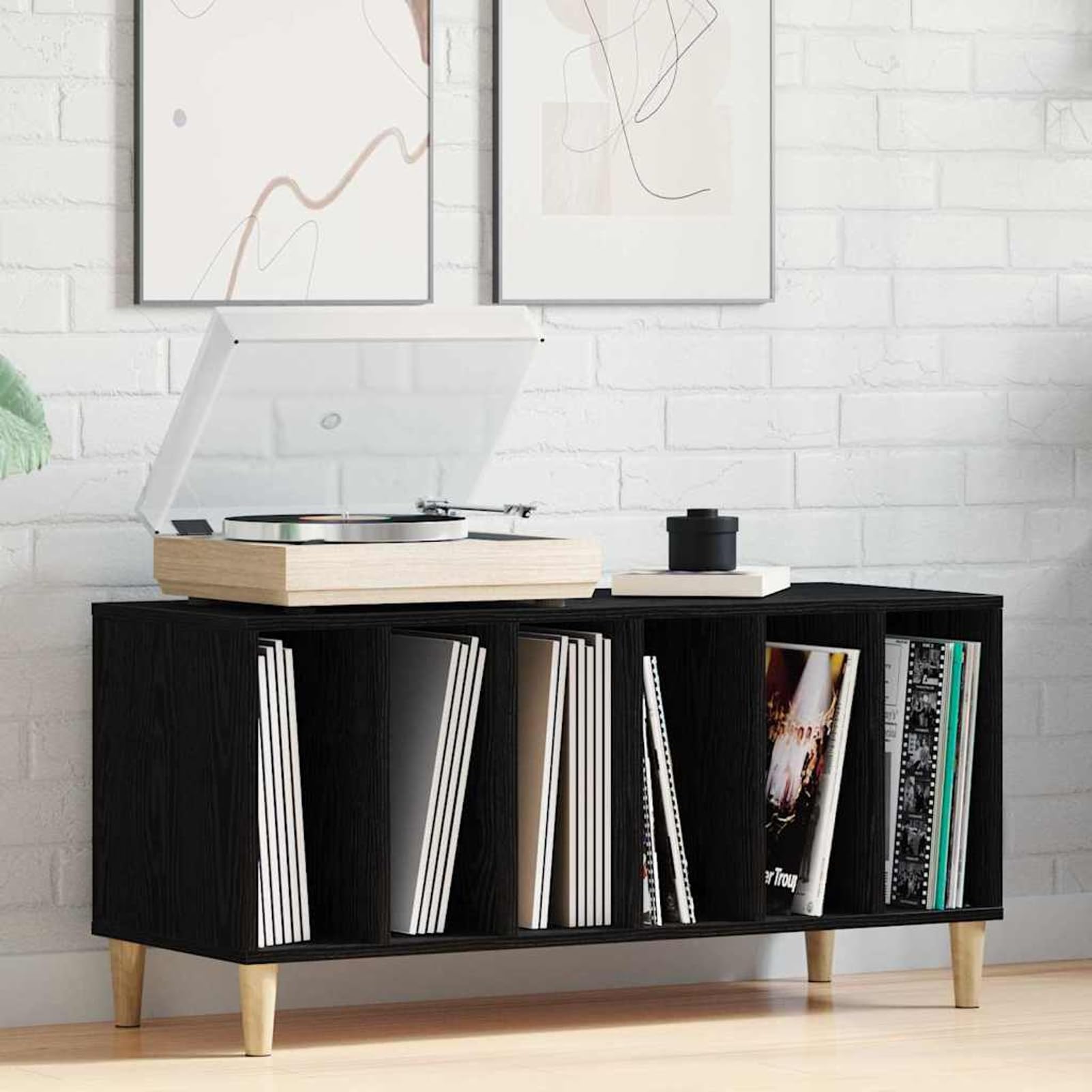 Armadietto per vinili, 100 cm, in legno, effetto rovere nero, con molto spazio e 5 ripiani per dischi e libri