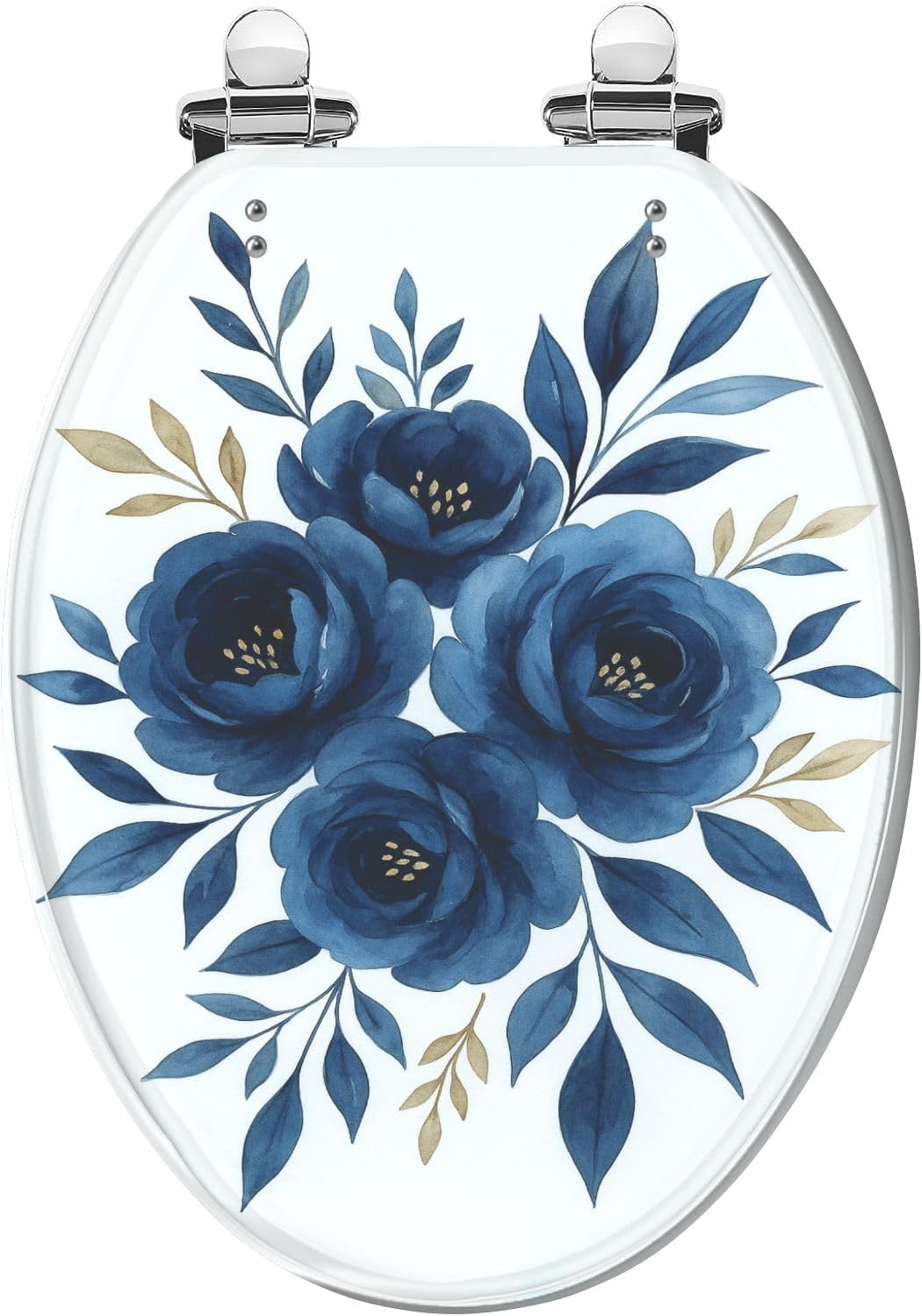 Elongated Toilet Seat Navy blue flowers watercolor floral clip art Bouquet roses perfectly Resin Toilet Seat Quietly Close Quick Release Hinges with Cover Bumpers Decorative Easy to Install Clean