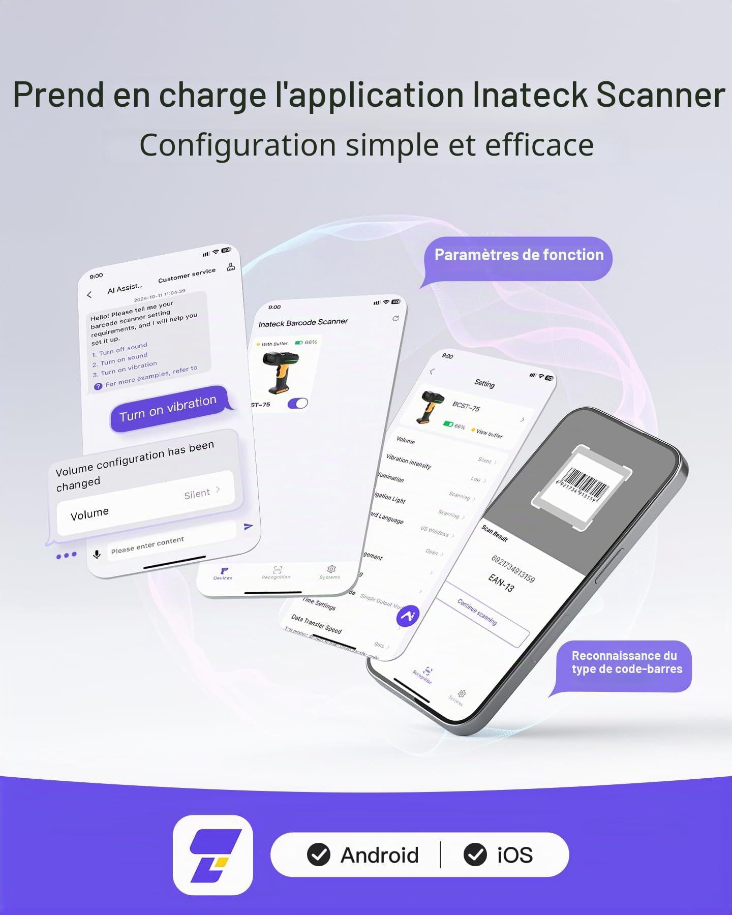 Inateck Scanner de Codes-Barres Industriel Bluetooth, Scanner de Codes 1D 2D QR sans Fil avec IP67 Étanche et Antipoussière, Handscanner avec Application et SDK, BCST-75