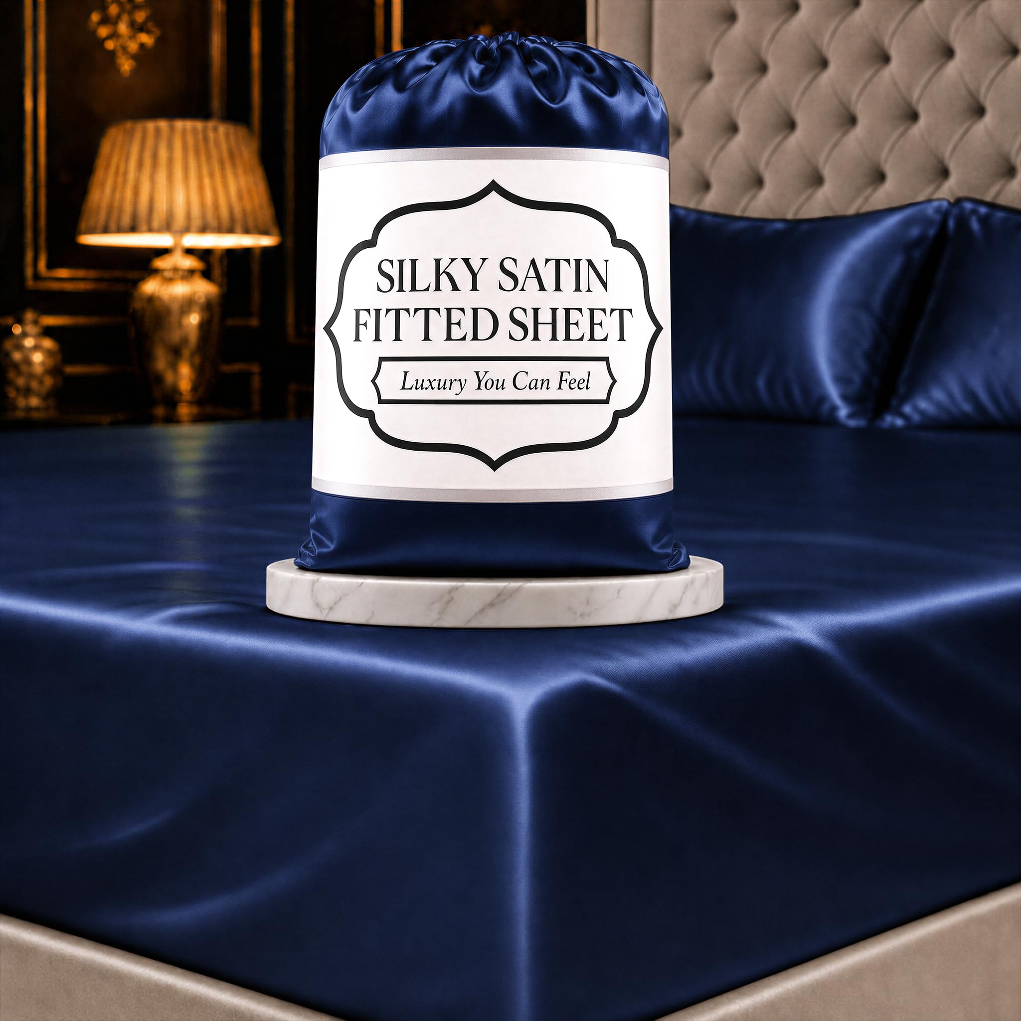 DECOLURE Satin Fitted Sheet Full Size (1 PC) – Luxuriously Smooth & Softer Than Silk Bed Sheets w/ 15 Inch Deep Pocket Hypoallergenic Wrinkle Free, Secure Snug Fit, Elastic Corner Straps (Navy Blue)