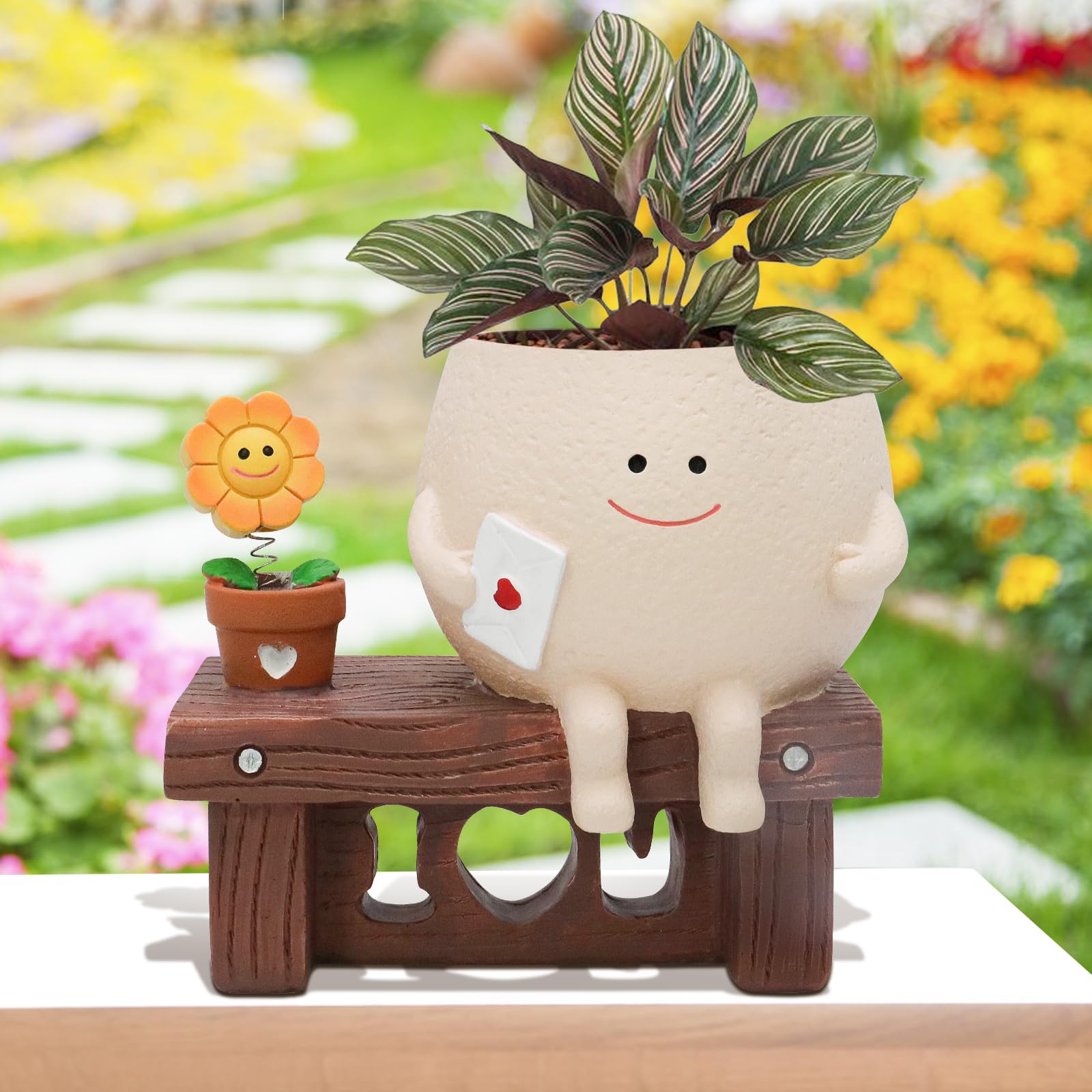 Toparad Sunflower Smily Face Planter Pot, Cute Sitting Flower Pot, Resin Flower Head Planters for Indoor Outdoor Unique Si...