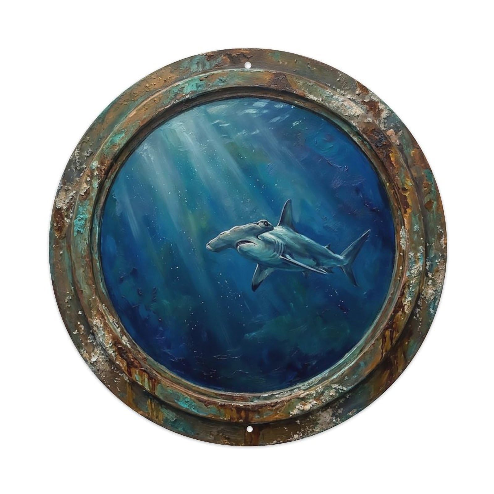 Vintage Porthole Hammerhead Shark Hunting Ship Window Undersea Deep Sea Metal Tin Sign