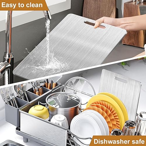 Miniatura 6 de Tabla de cortar de titanio, tablas de cortar de acero inoxidable para cocina, tabla de cortar no tóxica de grado alimenticio de doble cara, tablas