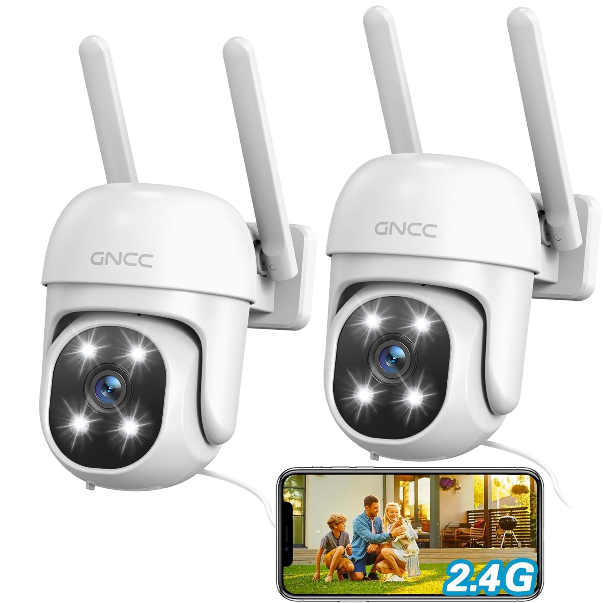 GNCC Zestaw 2 kamer do monitoringu zewnętrznego, WLAN, obracanie 355° PTZ, wykrywanie ruchu AI, 1080p, wodoszczelność IP65, kolorowa widoczność w nocy, dwudrożne audio, tylko 2,4 GHz WiFi, subskrypcja