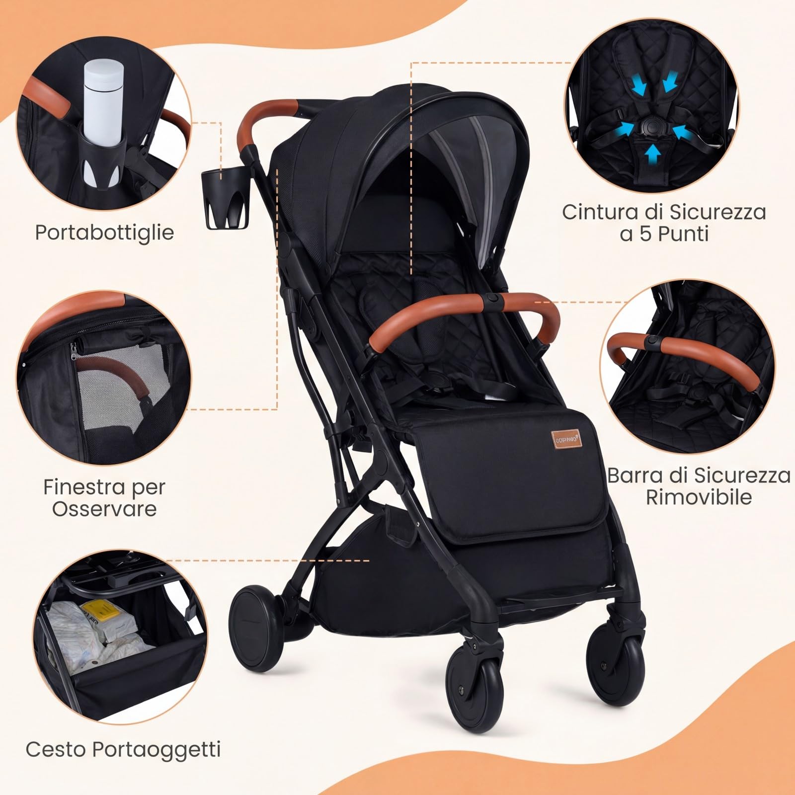 COSTWAY Passeggino Leggero per Neonati con Tettuccio, Schienale e Poggiapiedi Reclinabili, Passeggino Pieghevole con Portabicchieri, Cestello Portaoggetti, per Bambini 0-3 Anni (Nero)