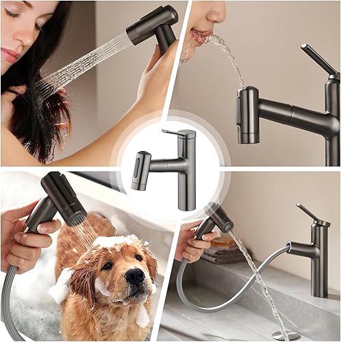 Miniatura 4 de Grifo de baño con rociador extraíble, grifo de lavabo de baño de un solo agujero, cromado de una sola manija, grifo de tocador con boquilla