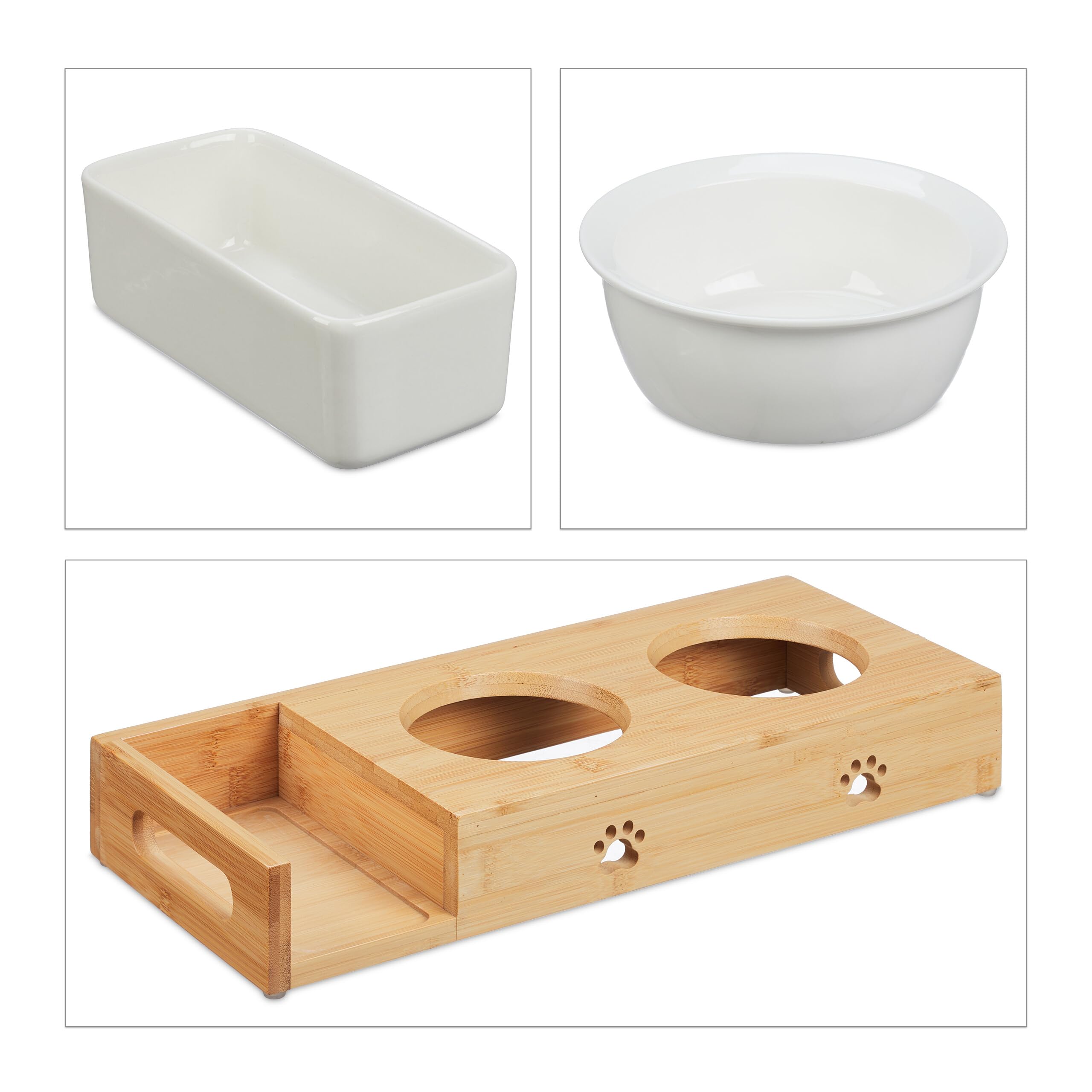 Relaxdays Karmnik dla Kotów z Miską na Trawę, 2 Ceramiczne Miski 250 ml, Nadaje Się do Zmywarki, Barek, Naturalny/Biały, Bambus, Ceramika