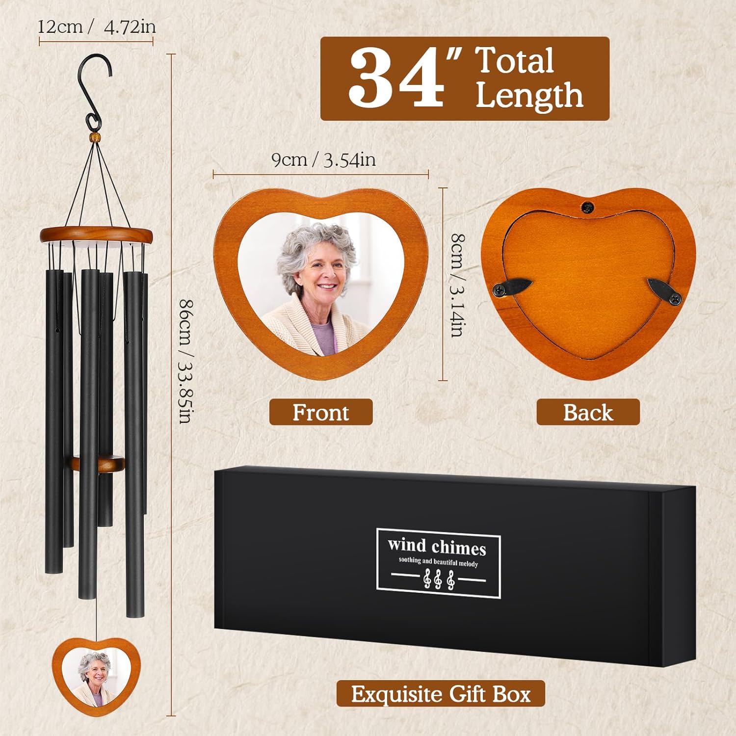 34" Personalized Memorial Wind Chimes with Photo Frame - Deep Tone Aluminum Remembrance Windchimes for Loss of Loved One - Sympathy Bereavement Gifts for Mom, Dad, Grandma - Large Outdoor Garden Decor