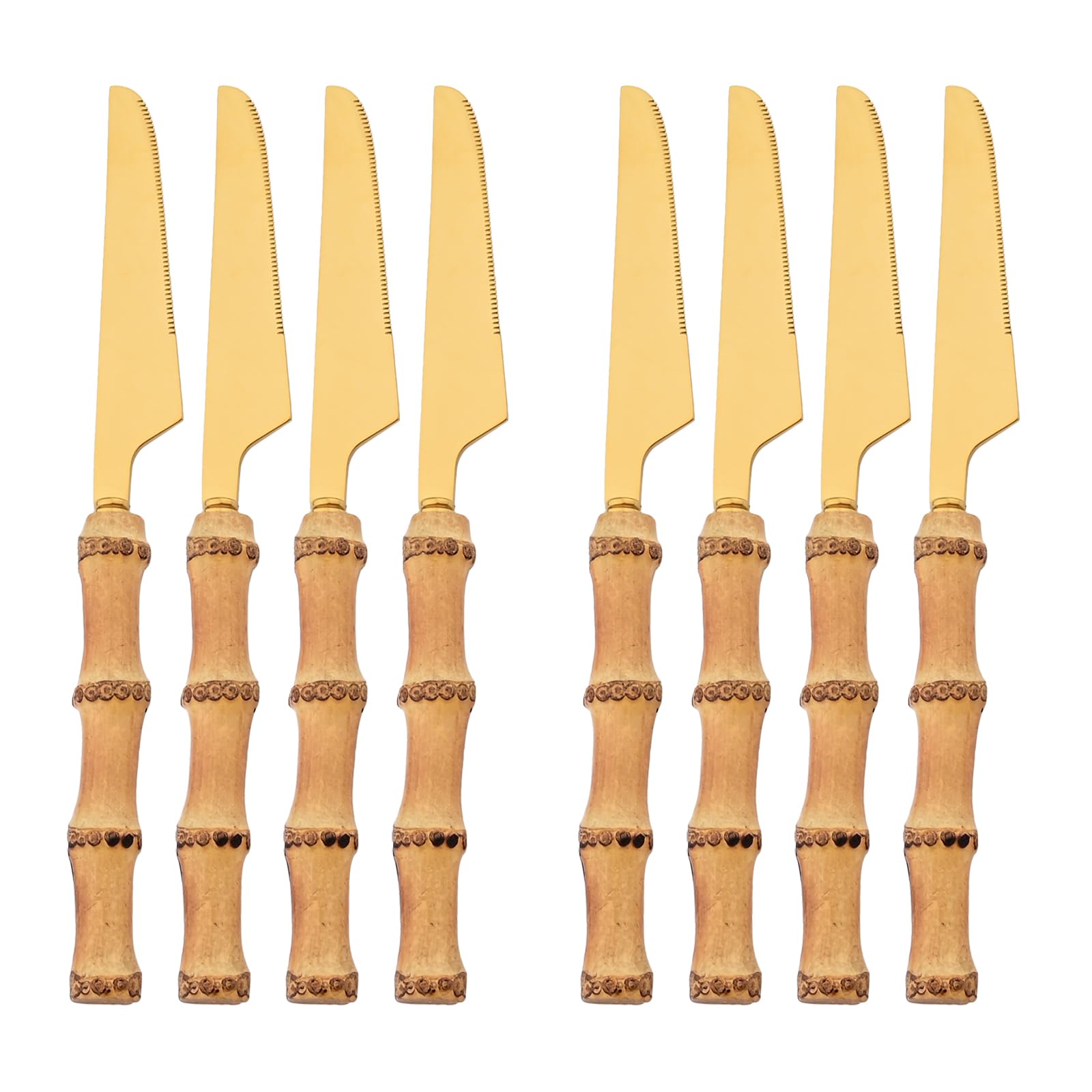 snplowum Natural Bamboo 8pcs Dinner Knife, Food Grade Stainless Steel Mirror Polished Sharp Silverware Table Knives Resuable Steak knife, 8.86-inch, Gold