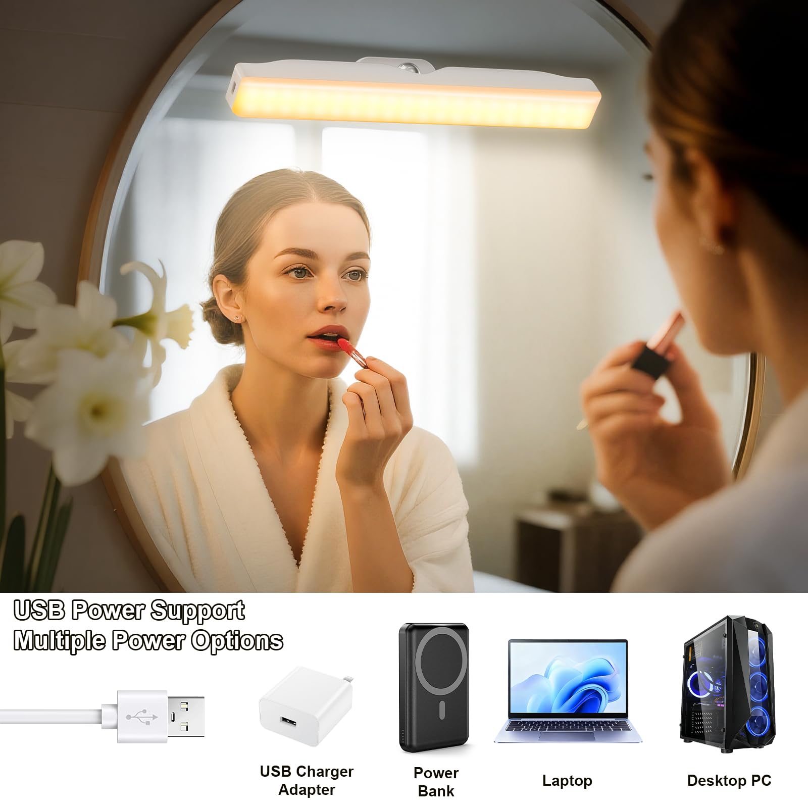 Lamparas Sin Cables Led Luces Tocador, 4000mAH Recargable Luces Espejo Maquillaje con Color y Brillo Ajustables, Extraíble 360° Giratorio Lampara Baño para Espejo de Baño Tocador