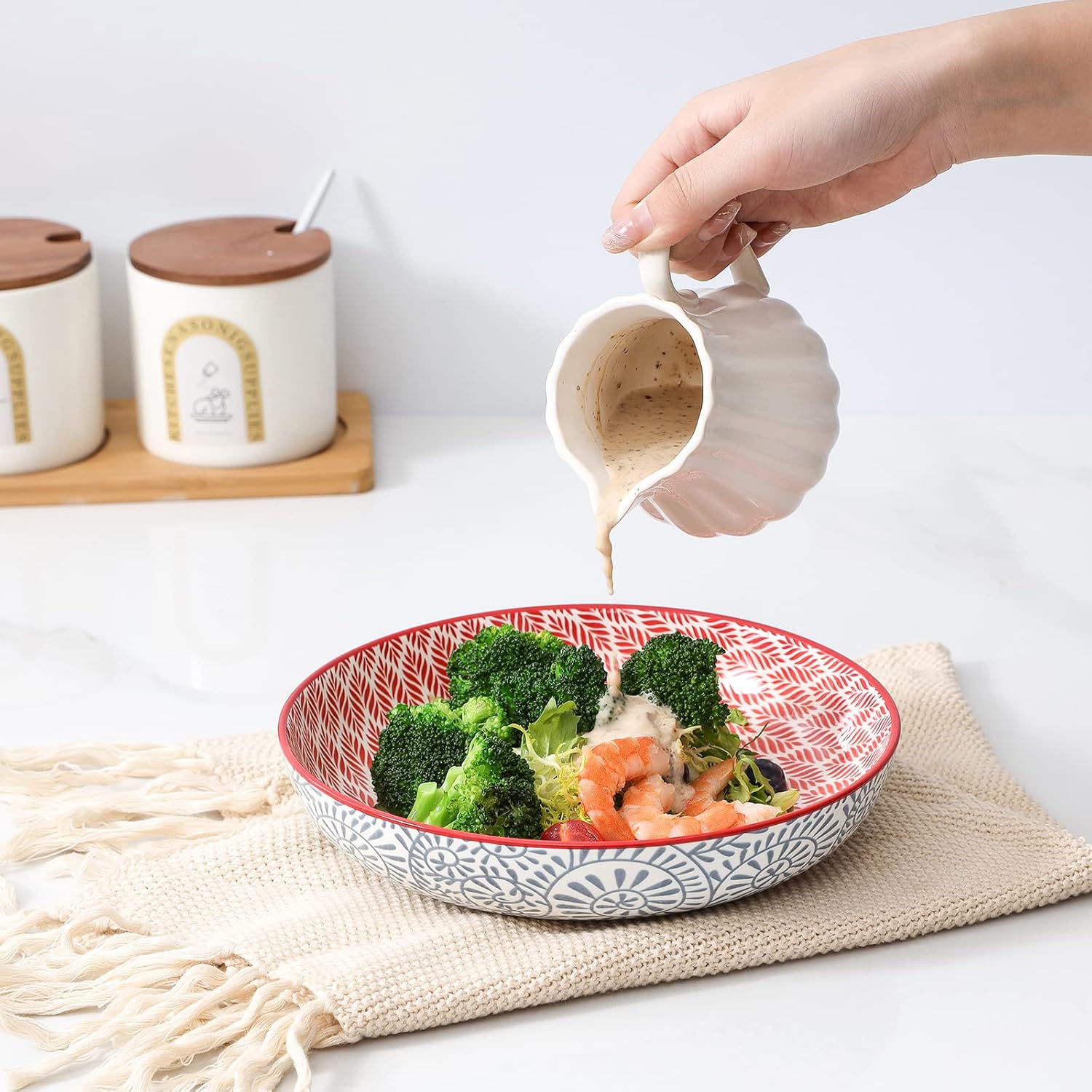 KitchenTour Pasta Bowls 26 Ounce, Porcelain Salad Bowls Serving Bowls Set of 6, 8 inch Ceramic Soup Bowls Dinner Bowls, Dishwasher and Microwave Safe, Assorted Colors