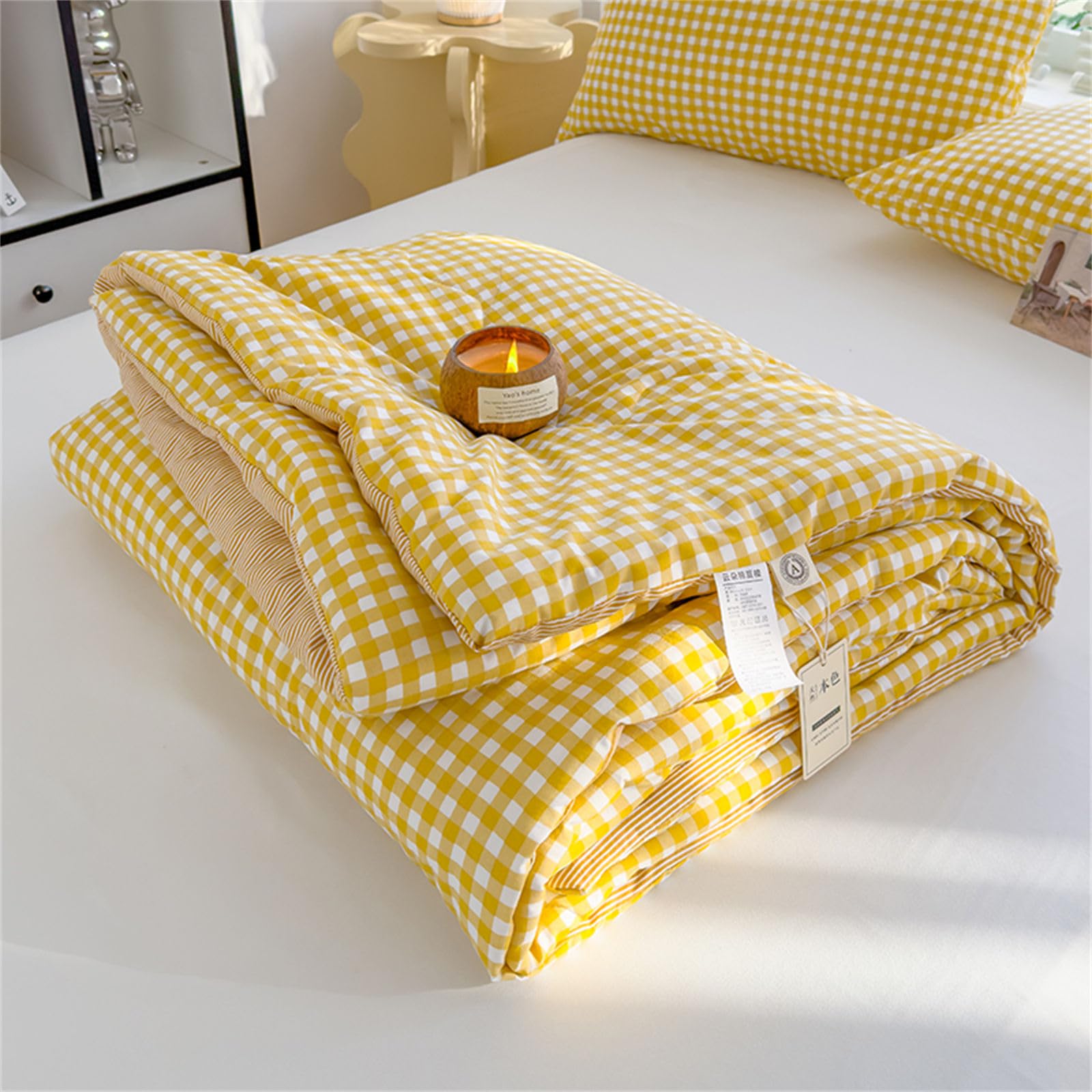 Chickwin Colcha Acolchada Guingán Tartán, Colchas Acolchadas Cama 90/135/150/180, Cubrecama Verano Reversible Microfibra Cubrecamas para Cama Individual Matrimonio (Amarillo,150x200cm)