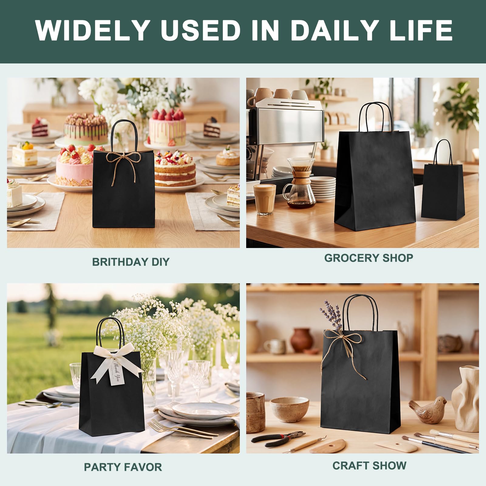 METRONIC Black Paper Gift Bags 8x4.25x10.5 Inches 100 Pack, Medium Kraft Shopping Bag with Handles for Business, Boutique, Party Favors, Retail Stores, Gift Wrap Bulk