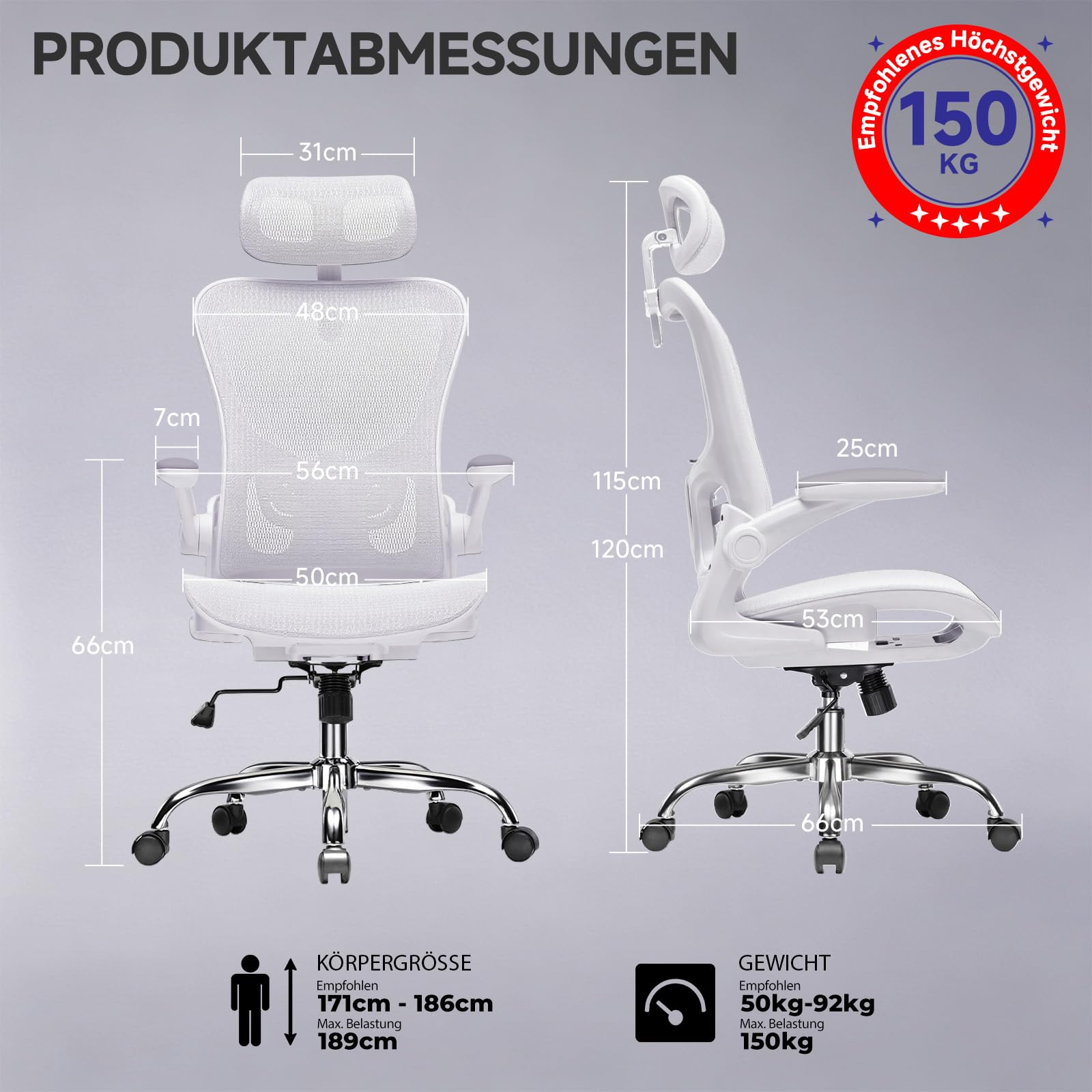 COMHOMA Bürostuhl, Schreibtischstuhl, ergonomischer Netzstuhl, mit doppellagigem Netzgewebe, atmungsaktiv, Adaptive Lendenstütze, verstellbare Kopfstütze, für Homeoffice, Drehstuhl 150 kg, Weiß