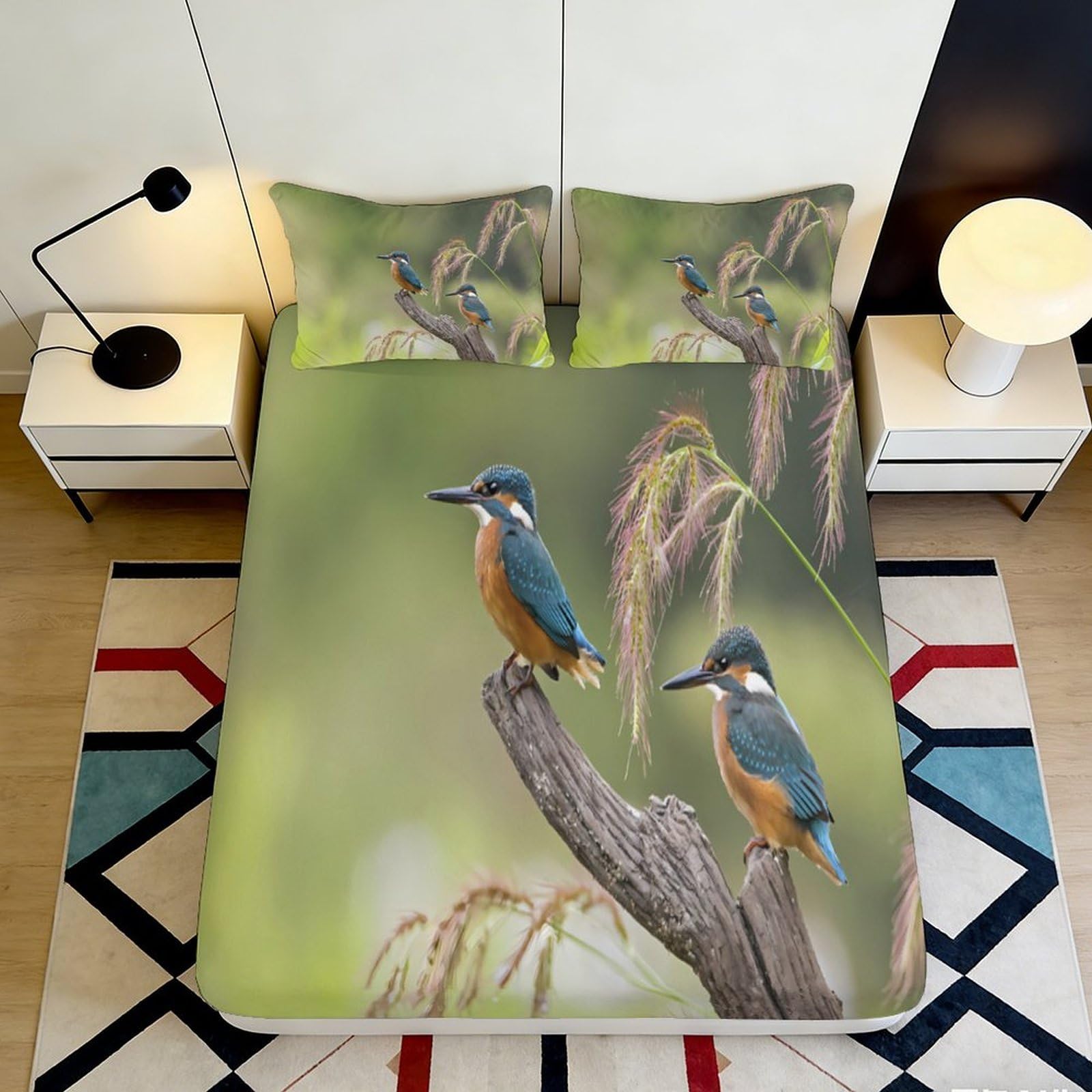 3D Printed Kingfisher Bird Fitted Sheet Microfiber Soft Anti-Slip Nature Branch Mattress Cover Bedroom Decor 90x200x25cm