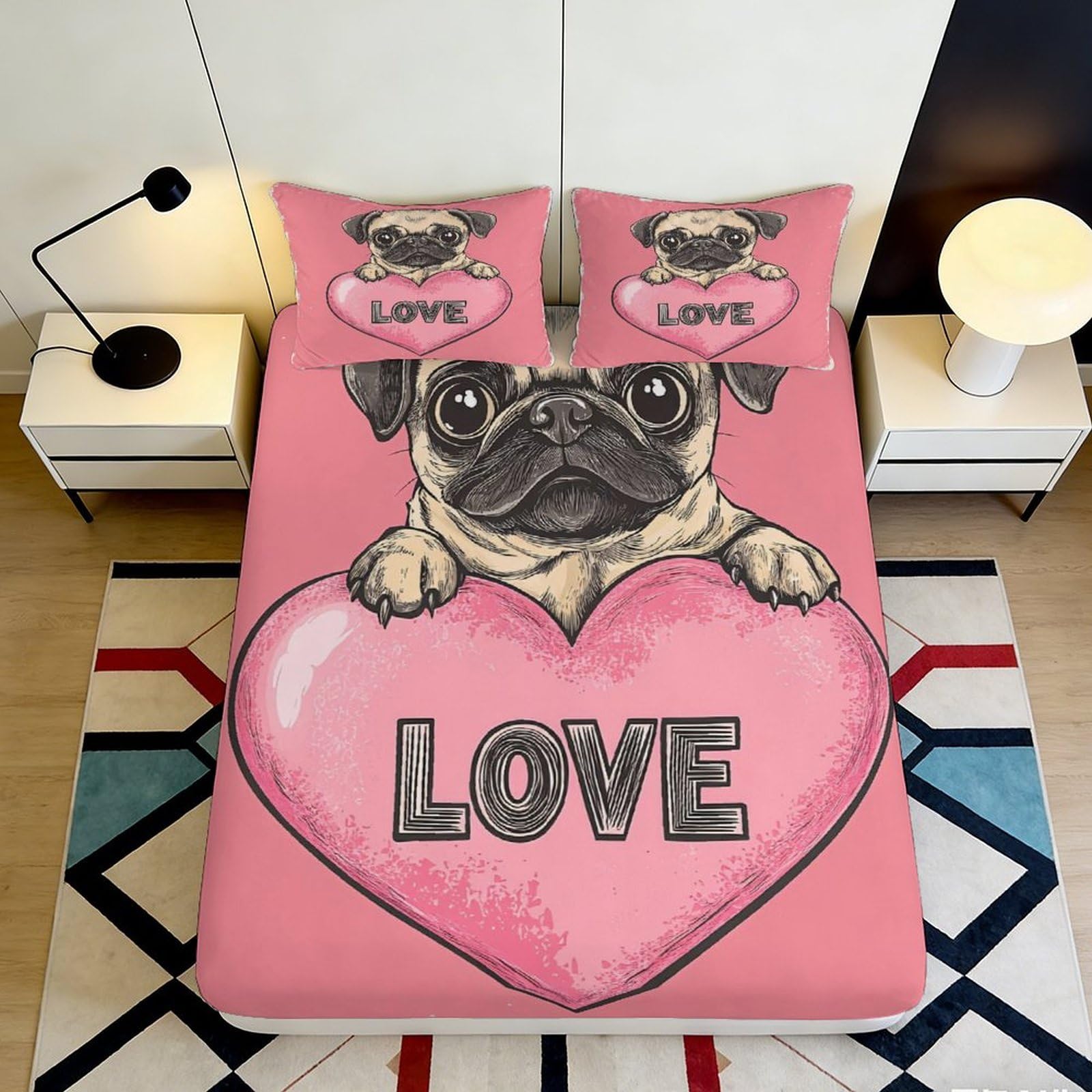 Pnayamiorkfel Style-5 3D Printed Cute Pug Heart Fitted Sheet Microfiber Pink Cartoon Love Bed Cover For Bedroom Dorm Mattress Protection 90X200x25cm