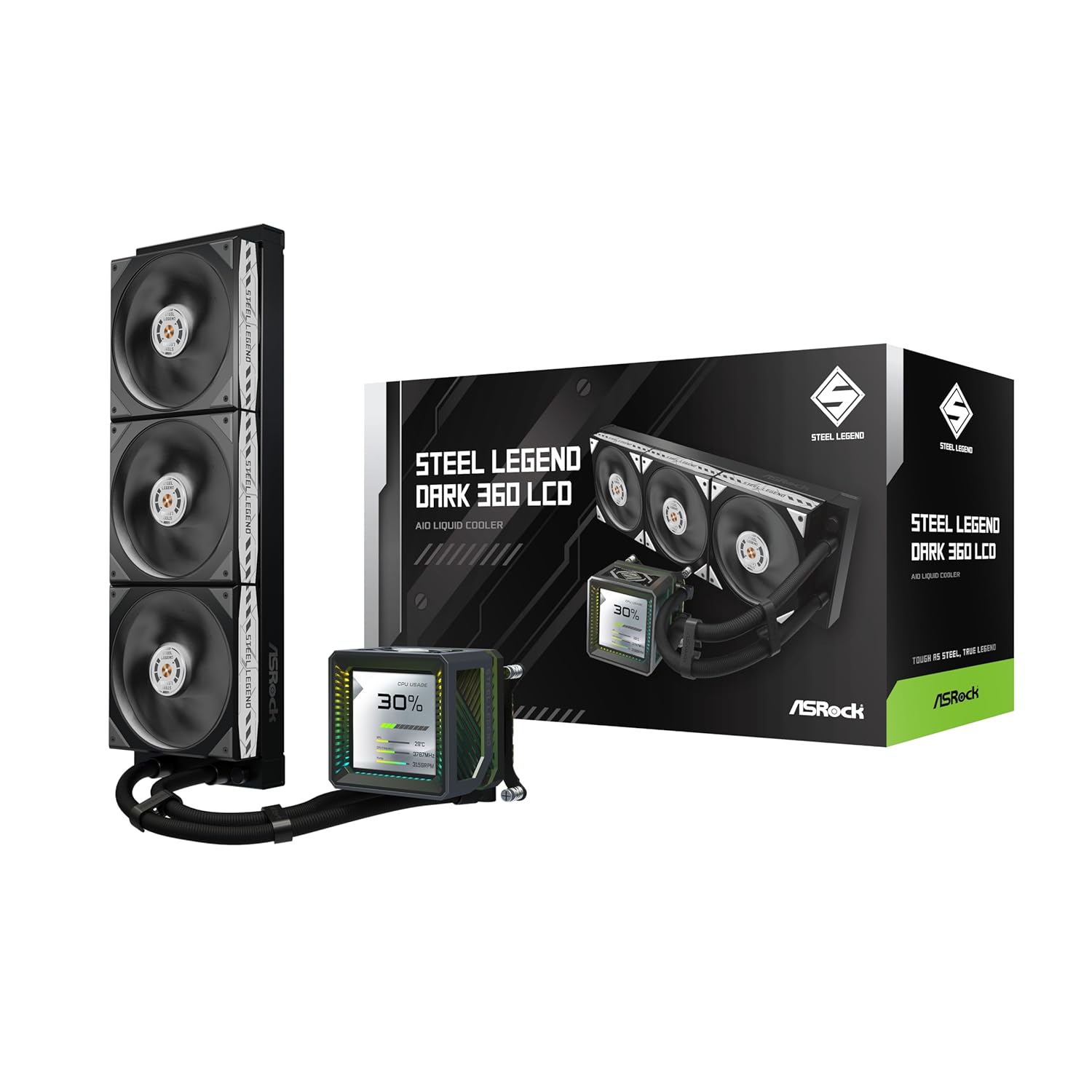 ASRock Steel Legend Dark 360 LCD Flagship All-in-One Liquid CPU Cooler, 360mm Radiator, 3.4" Full-Color LCD Display, VRM Cooling Fan, Dual Inlet, 6-Year Warranty