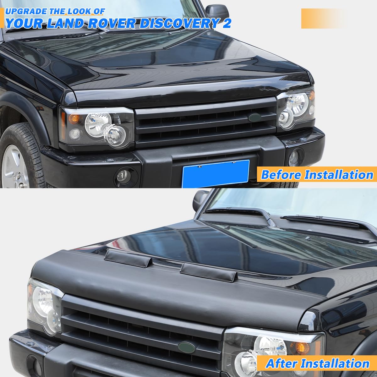 Black Leather Hood Bra Front End Nose Mask Compatible with Land Rover Discovery 2 1998-2003 Car Hood Protector,Auto Hood Bonnet Bra Exterior Accessories