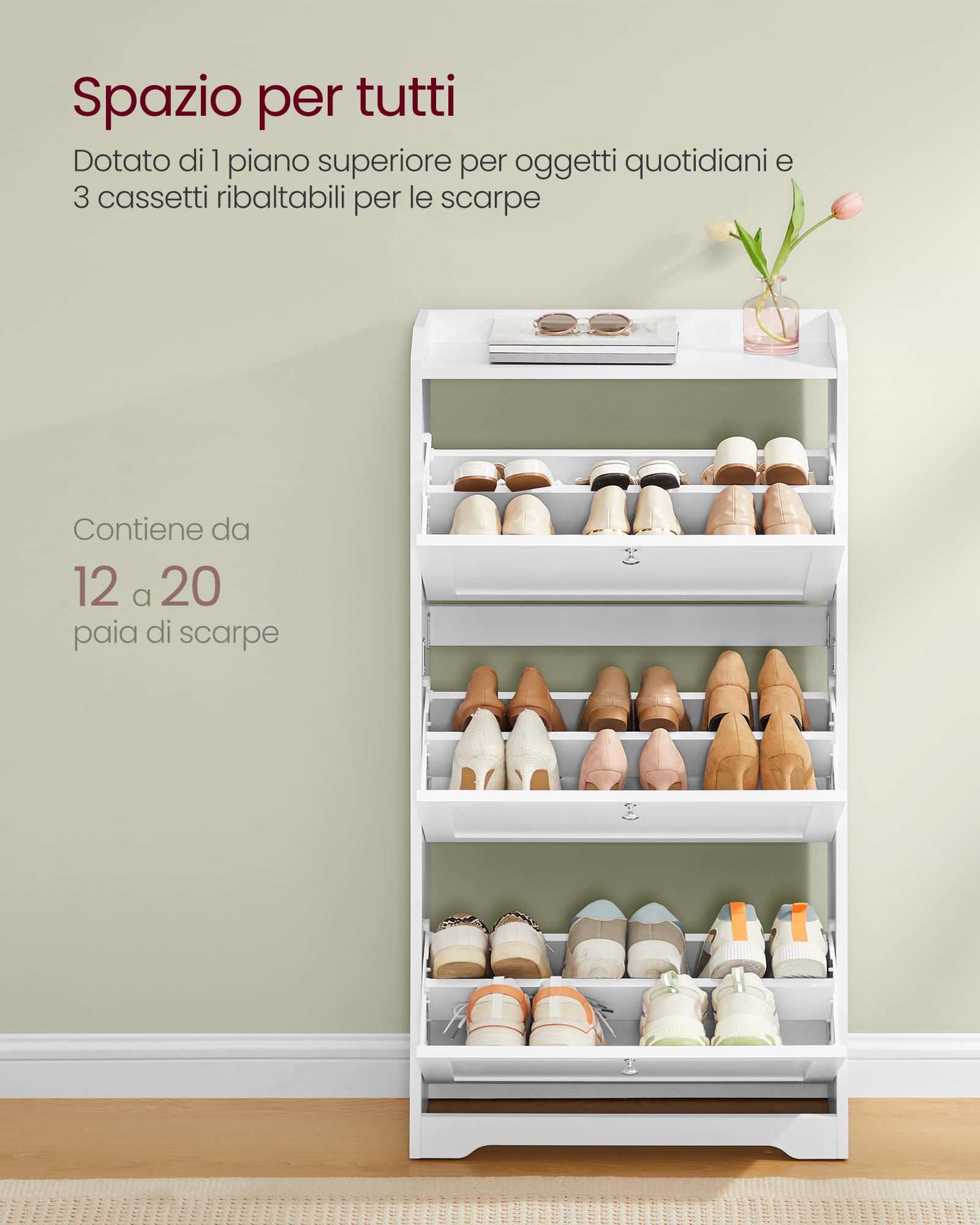 VASAGLE Scarpiera con 3 Scomparti a Ribalta, Scarpiera Salvaspazio, Divisori Regolabili, Portascarpe per fino a 12-20 Paia di Scarpe, Ingresso Corridoio, 24 x 60 x 121,2 cm, Bianco Nuvola LBC036WB01