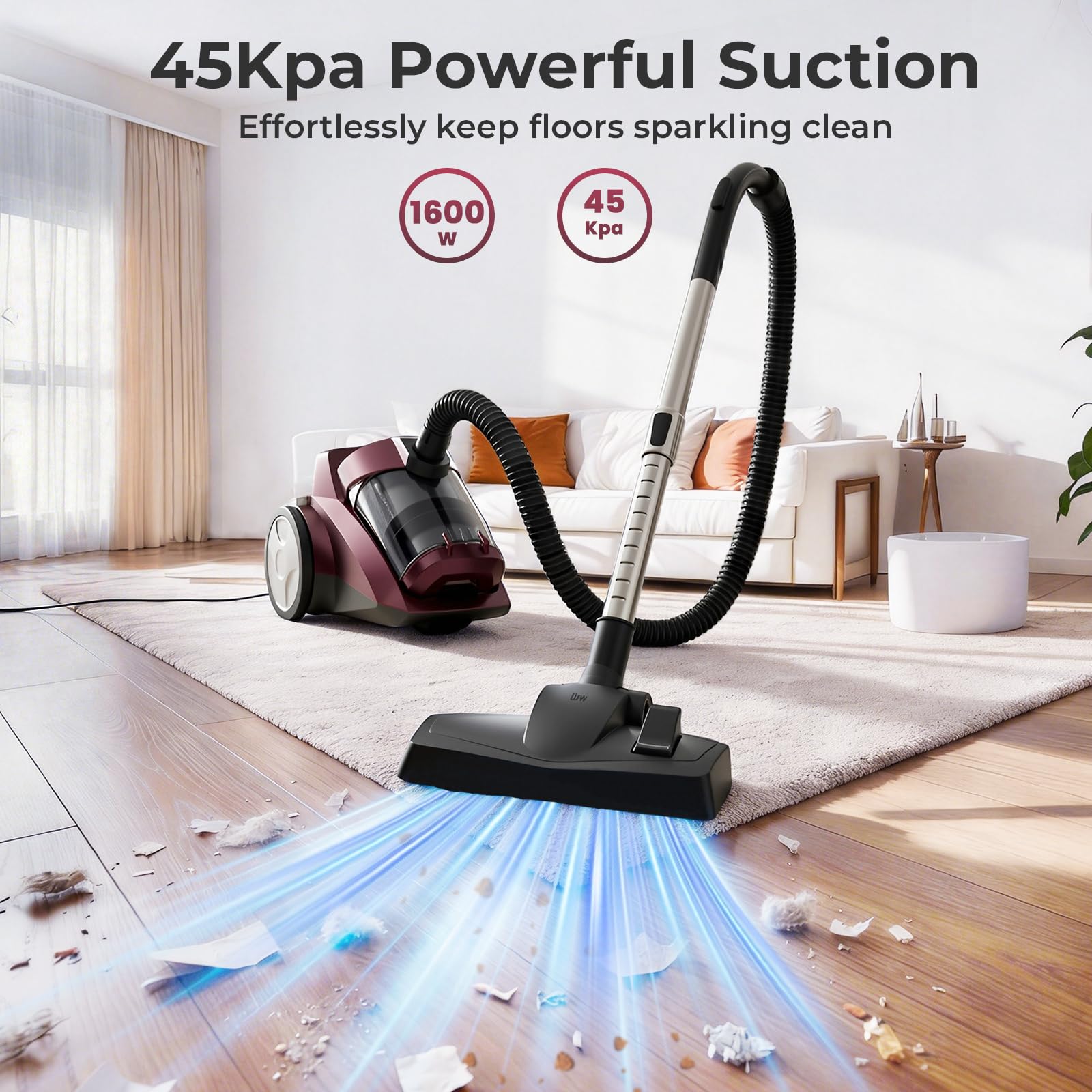 Canister Vacuum Cleaner, 45Kpa 1600W Bagless Canister Vacuum, 4Qt Large Dust Cup, Variable Speed Control, 5 Tools, Lightweight Canister Vacuum for Home, Pet, Carpet, Hard Floor, Red - 3