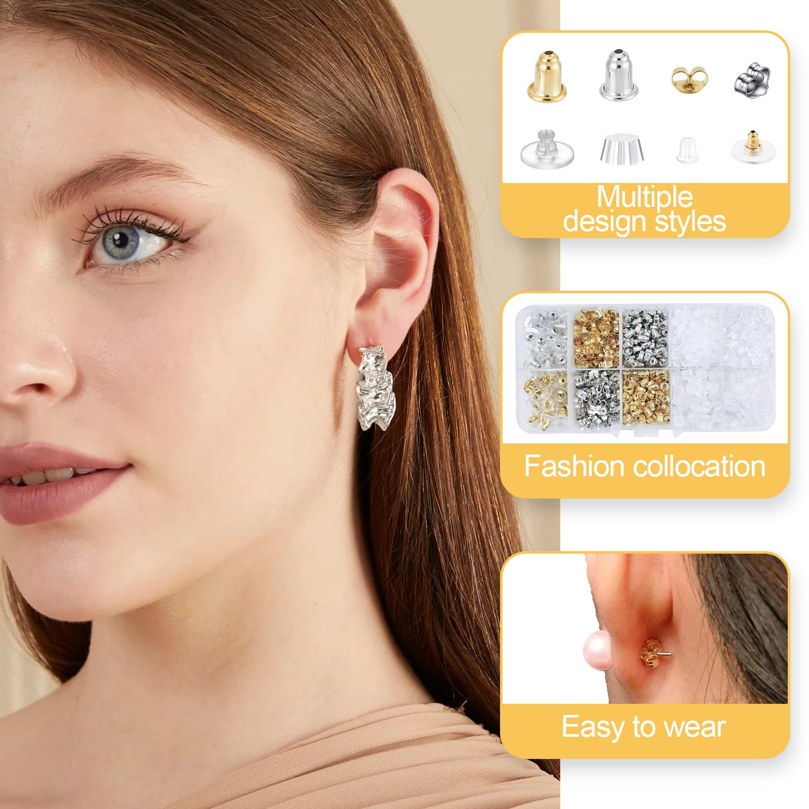 Lot De 450 Fermoirs De Sécurité Pour Boucles D'oreilles - 10 Styles Différents, En Plastique/caoutchouc, Hypoallergénique, Avec Boîte De Rangement - 8