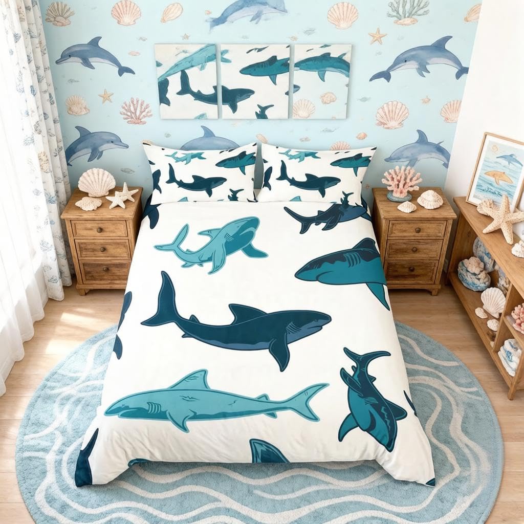 Homemissing Shark Bedding &Linen Ocean Marine Animal Bedding Set Sea Underwater Creature Duvet Cover for Boys Girls Kids Cute Sealife Bedding & Linen Double Size