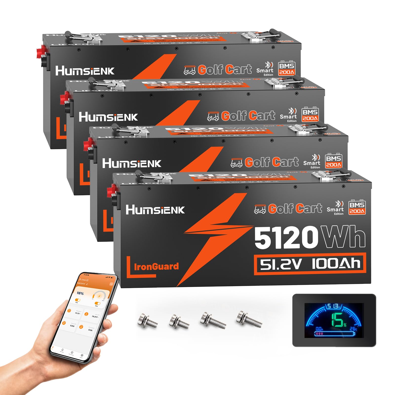 HumsiENK 4Pack 48V 100Ah Golf Cart Battery, Metal Casing LiFePO4 Battery with 200A BMS (410A Peak), Bluetooth &amp; LCD Monitor, 5.12kWh Deep Cycle Lithium Replacement for Club Car, EZGO, Yamaha