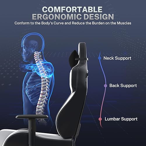 Miniatura 7 de Ferghana White Gaming Chair with Footrest, Leather Ergonomic Gaming Chairs for Adults with Massage Lumbar Support & Headrest for Office Work, Height