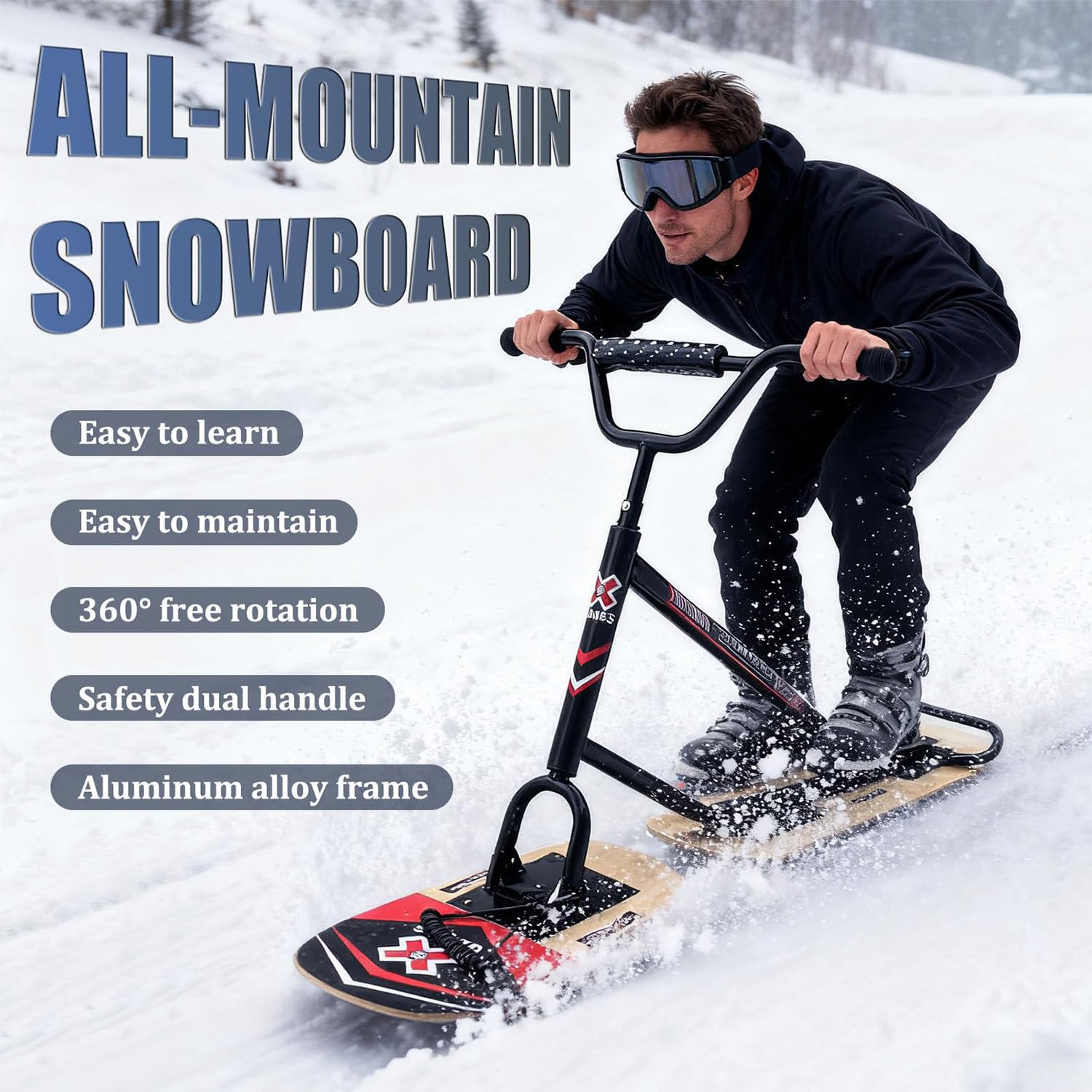 Snowboard per Adulti, Motoslitta Da Esterno, Con Sci a Rotazione Posteriore a 360°, Design a Triplo Rinforzo, Doppia Tavola, Capacità Di Carico Di 150 Kg, Per Sport All'aperto E Snowpark WoodColor