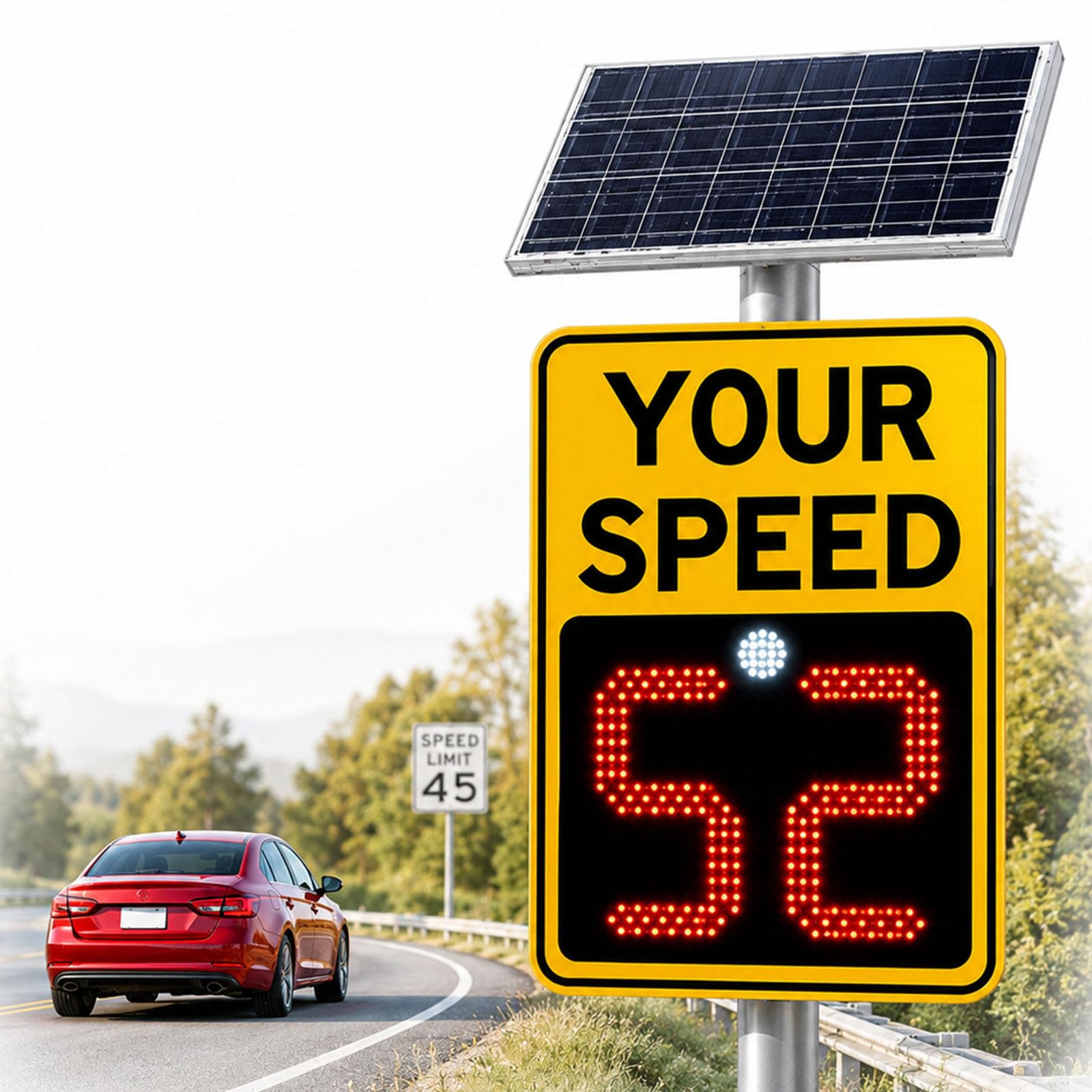 Señal de velocidad con radar alimentado por energía solar Yellow-60x75cm | película reflectante, diseño resistente a la lluvia y la nieve, para control de tráfico en carretera.
