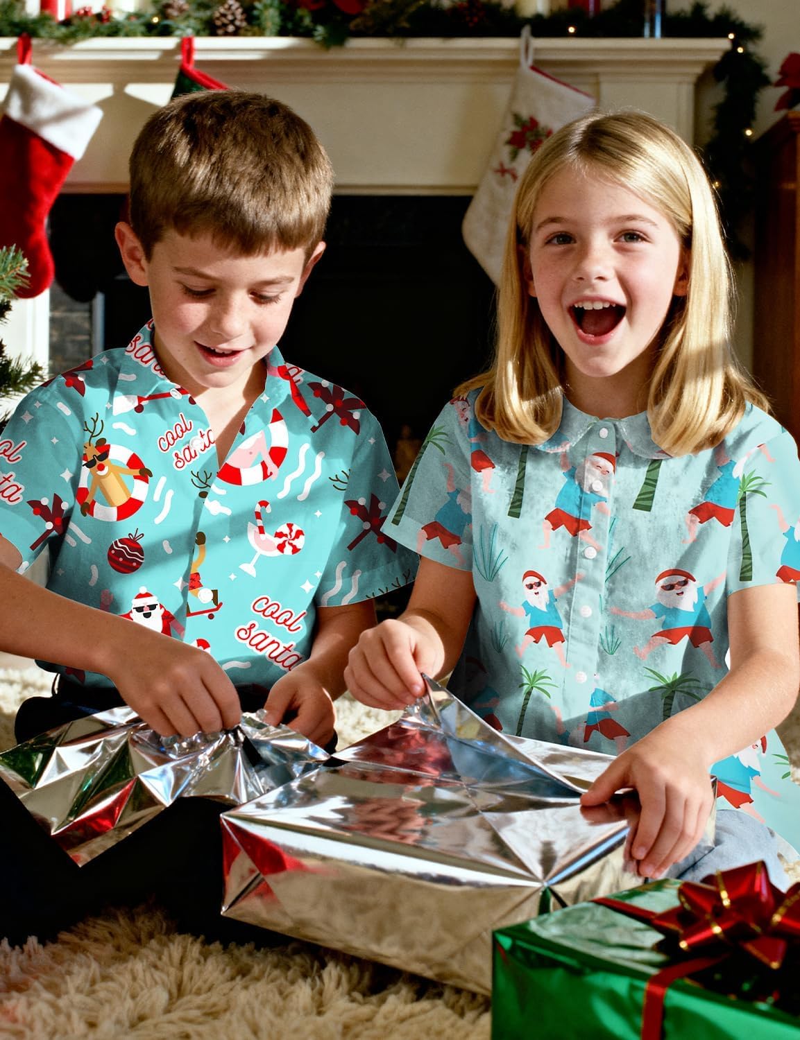 Yoimira Boys Christmas Shirt,Ugly Tropical Hawaiian Shirts for Kids Button Down Vacation Party Short Sleeve 7-14 Years - Image 5