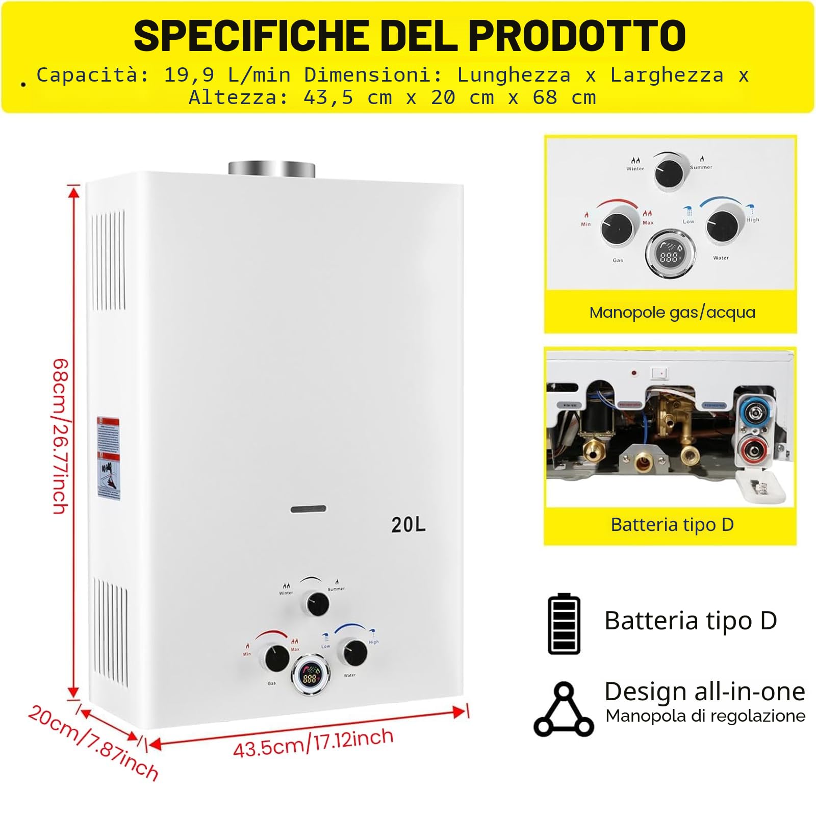 Scaldabagno a Gas 20L, All'aperto Portatile Scaldabagno Istantaneo a Propano Con Display Digitale Multi-Protezione Parete senza Serbatoio Scaldacqua Istantaneo Automatico