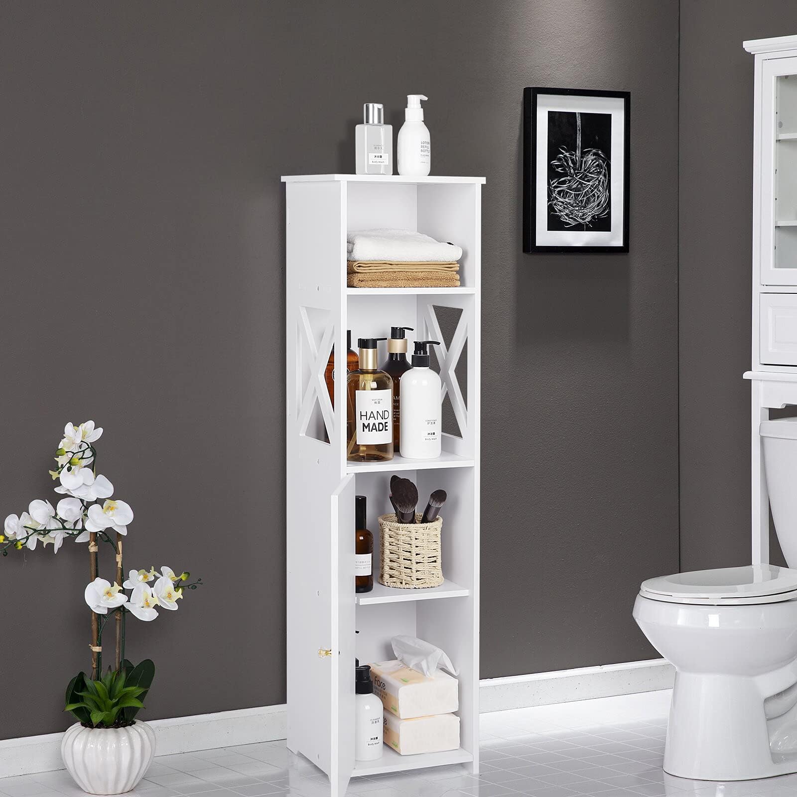 Bathroom Floor Cabinet,Home Storage Cabinet with Doors and Shelves,Free Standing Tall Slim Side Organizer,Home Furniture Unit,Waterproof Kitchen Storage Rack,White Pantry Cabinet