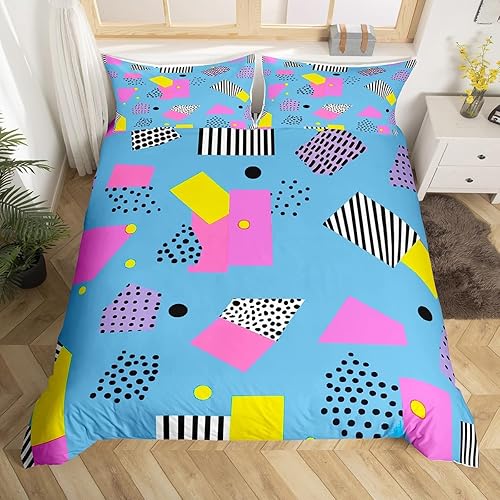Miniatura 33 de Juego de funda de edredón estilo Memphis, tamaño matrimonial, diseño abstracto colorido con puntos funky para niños y niñas, funda de edredón