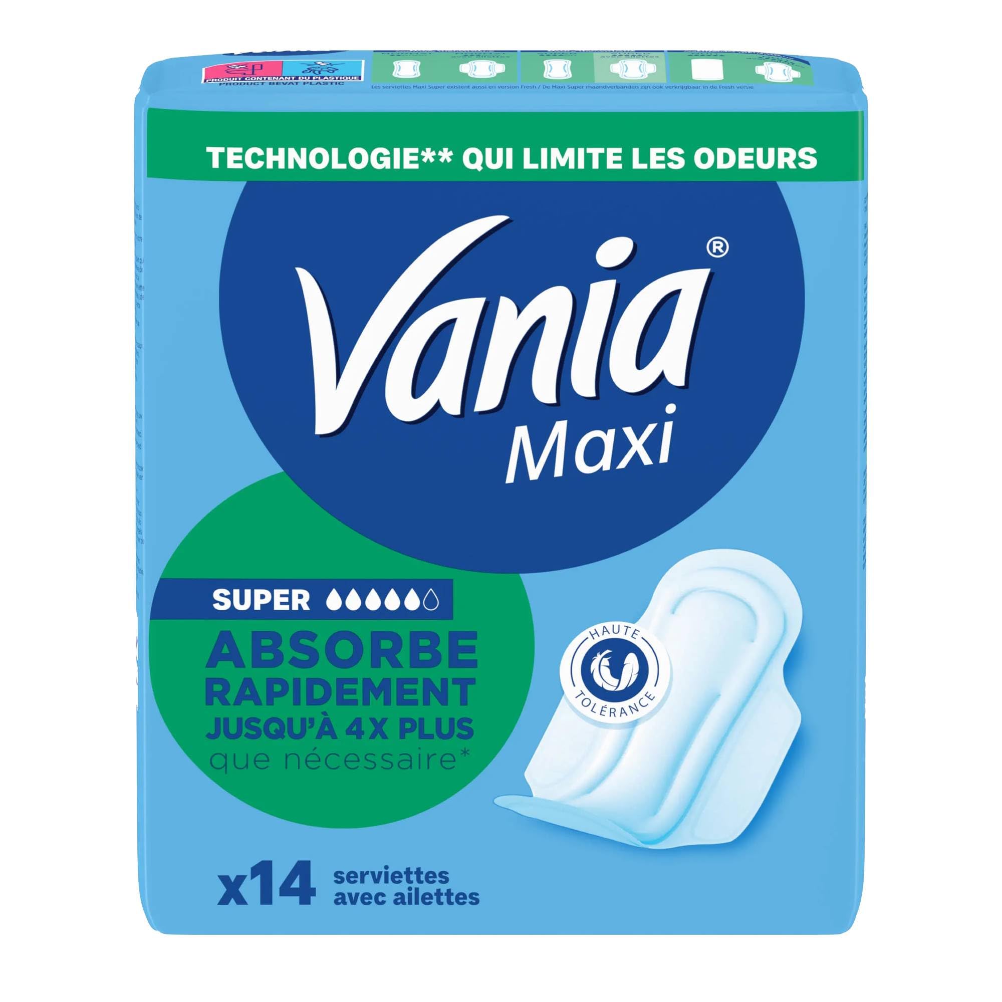 Vania | Serviettes Maxi Confort Super Plus (boîte de 14 pièces) – Serviettes avec forme anatomique et cœur bombé absorbant – Protection hygiénique avec voile extra doux