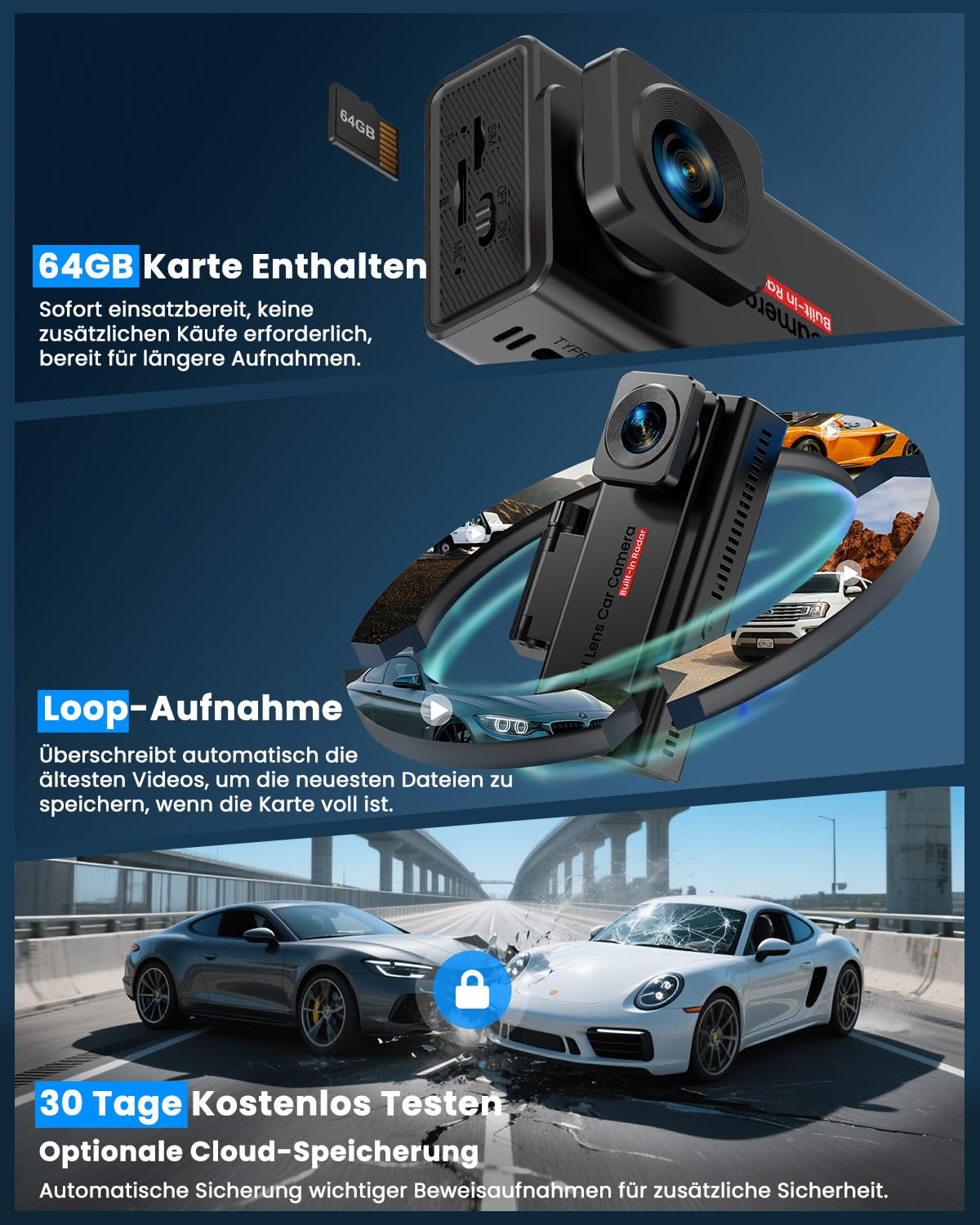 Dashcam Auto, UCOCARE 4G LTE Dual Dashcam mit Parküberwachung 24/7 mit SIM Karte, 64GB-Karte, Fern-Live-Ansicht Auto Überwachungskamera, 2-Wege Talk, Bewegungserkennung-Alarm, GPS, Cloud/SD Storage