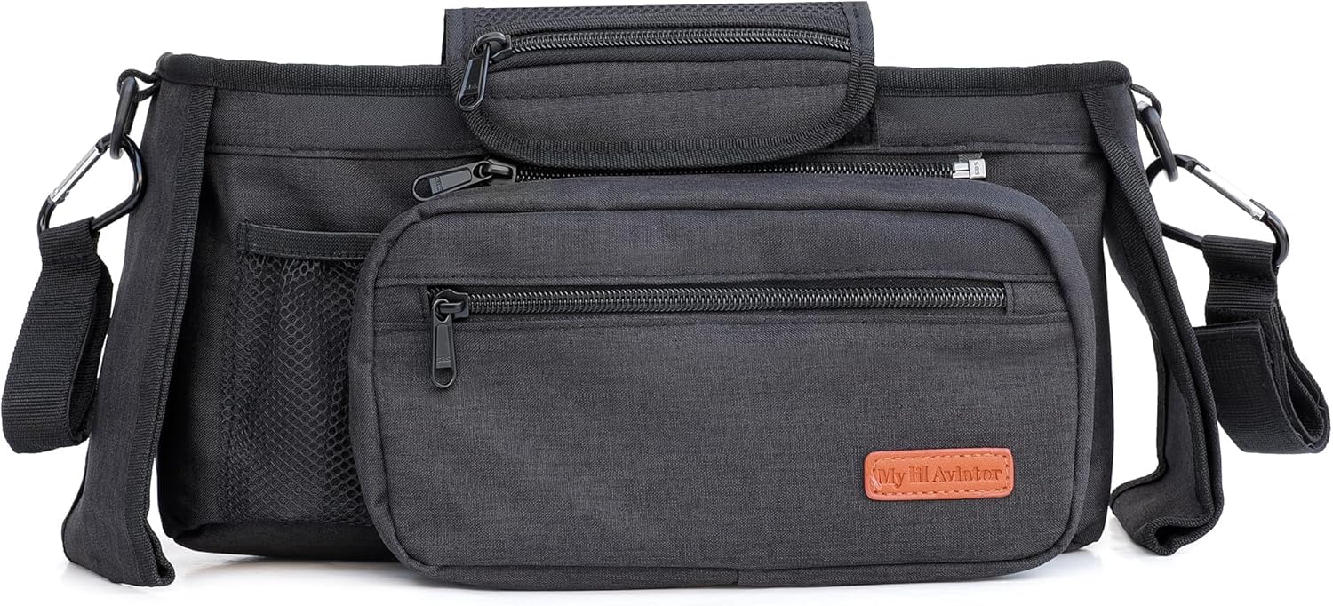 My lil Aviator Universal Stroller Organizer Bag with 2 Insulated Cup Holder, Durable Detachable Phone Bag and Shoulder Strap – Fits for Pet Stroller