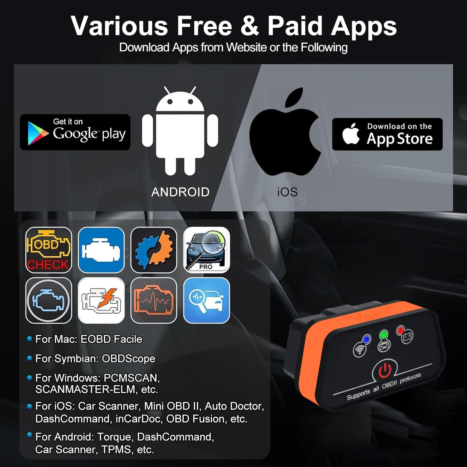 vLinker iCar2 Mini skaner OBD2 WiFi Adapter interfejsu skanowania pojazdów Narzędzie do diagnostyki samochodowej Check Engine Light dla systemów iOS i Android z kluczem sprzętowym Auto Sleep