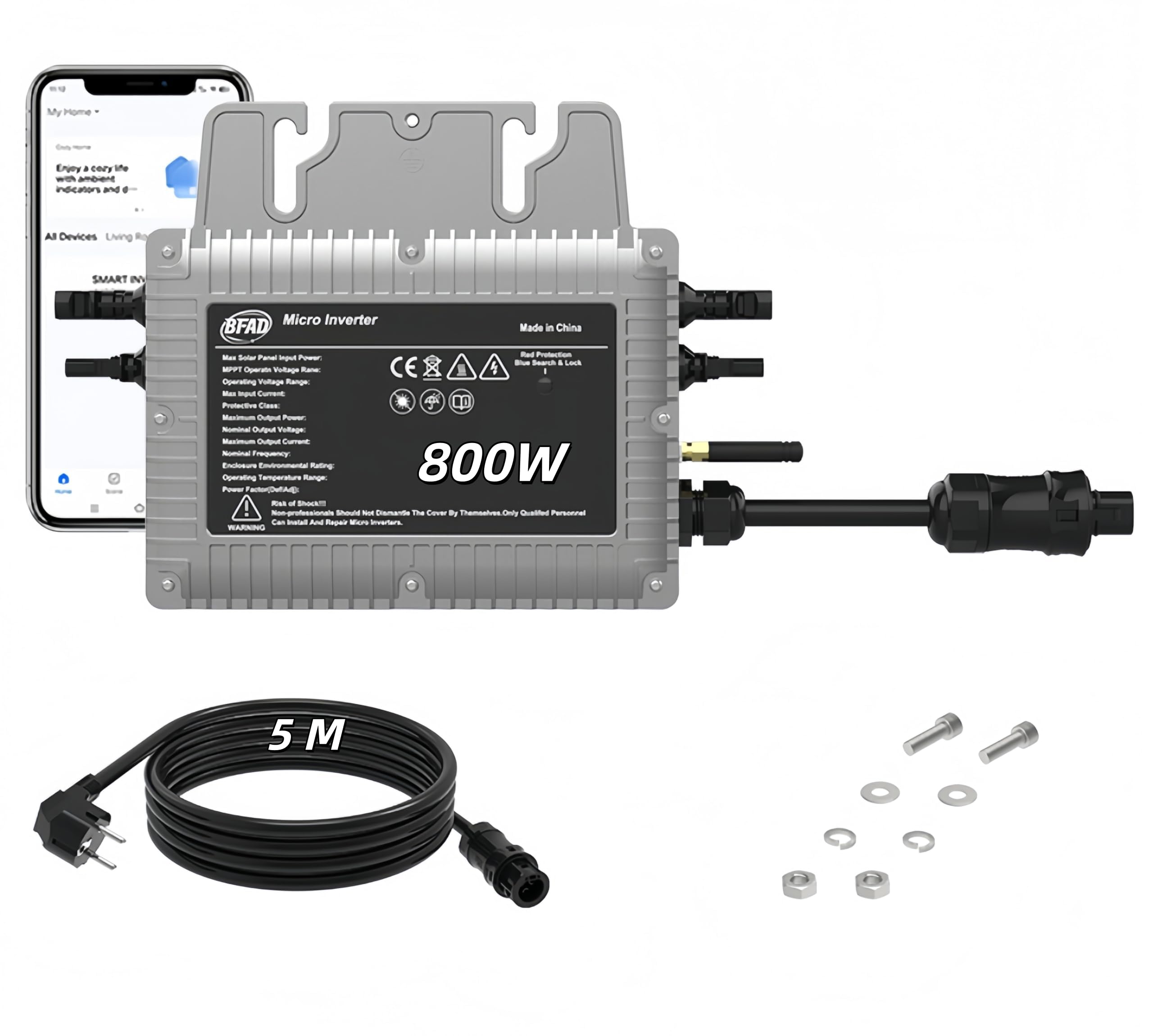 Micro inversor de 800 W con cable AC de 5 m, inversor solar MPPT Micro Solar Power Supply,Plug and Play Home Fácil instalación WiFi Monitoreo con App IP67 resistente al agua