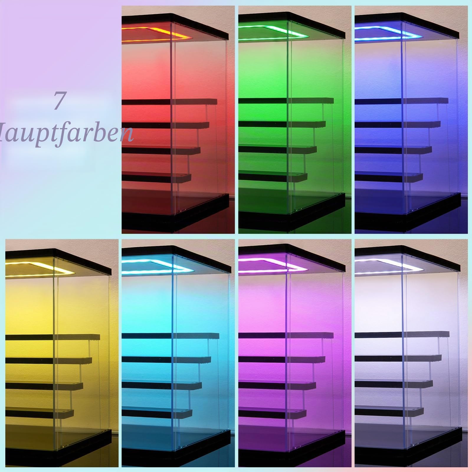 Acryl Vitrine mit RGB LED Beleuchtung für Modellautos Figuren, 3/4/5/6 Stufen Mehrfarbige Licht Staubschutz Schaukasten für Sammlerfiguren (Schwarz, 5 stufen, 32x31x30cm)