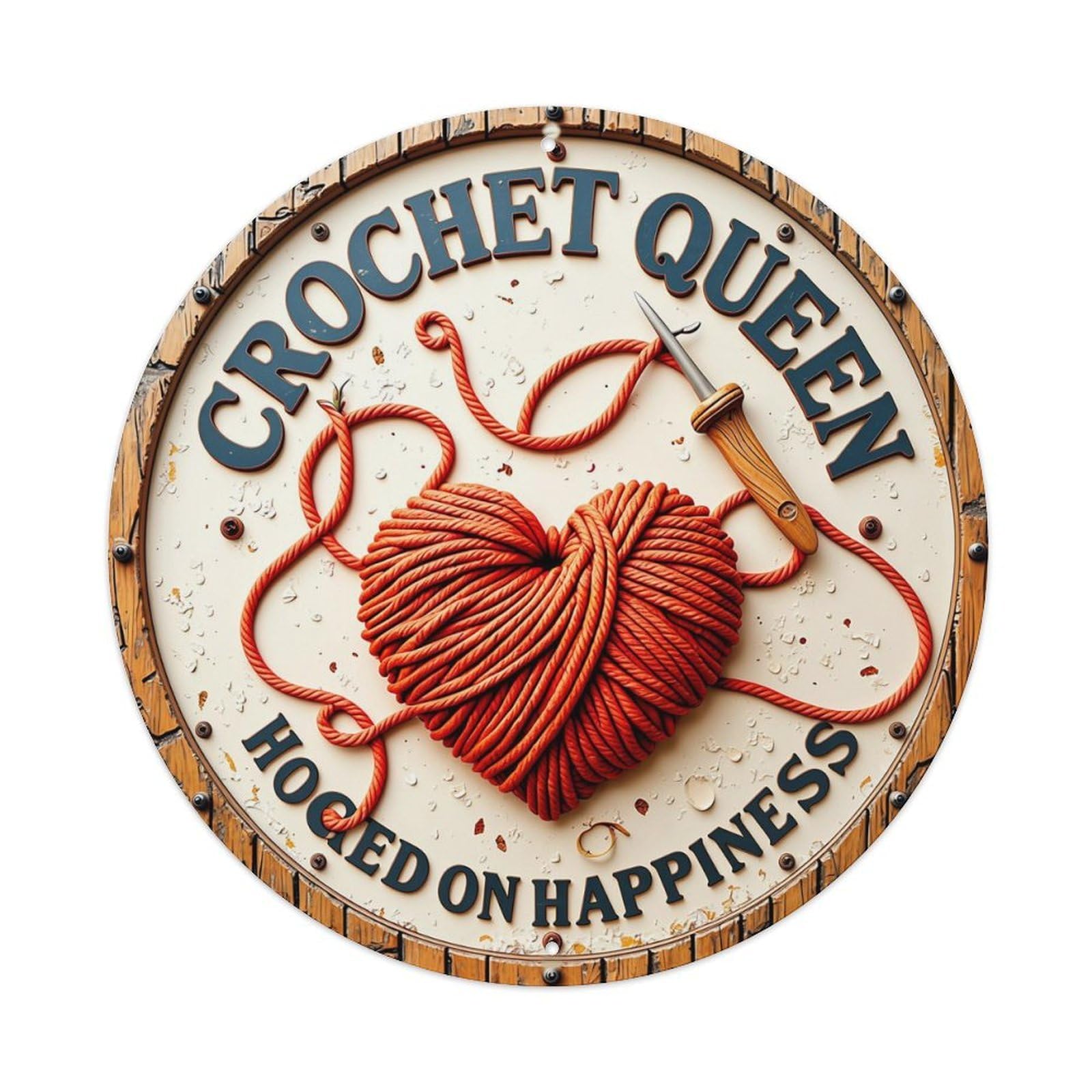 Crochet Queen Heart Yarn Hook Retro Metal Sign Round Tin Sign, Vintage Decor Art Poster for Bar, Home, Man Cave, Kitchen, Laundry Room Gift 8x8Inch