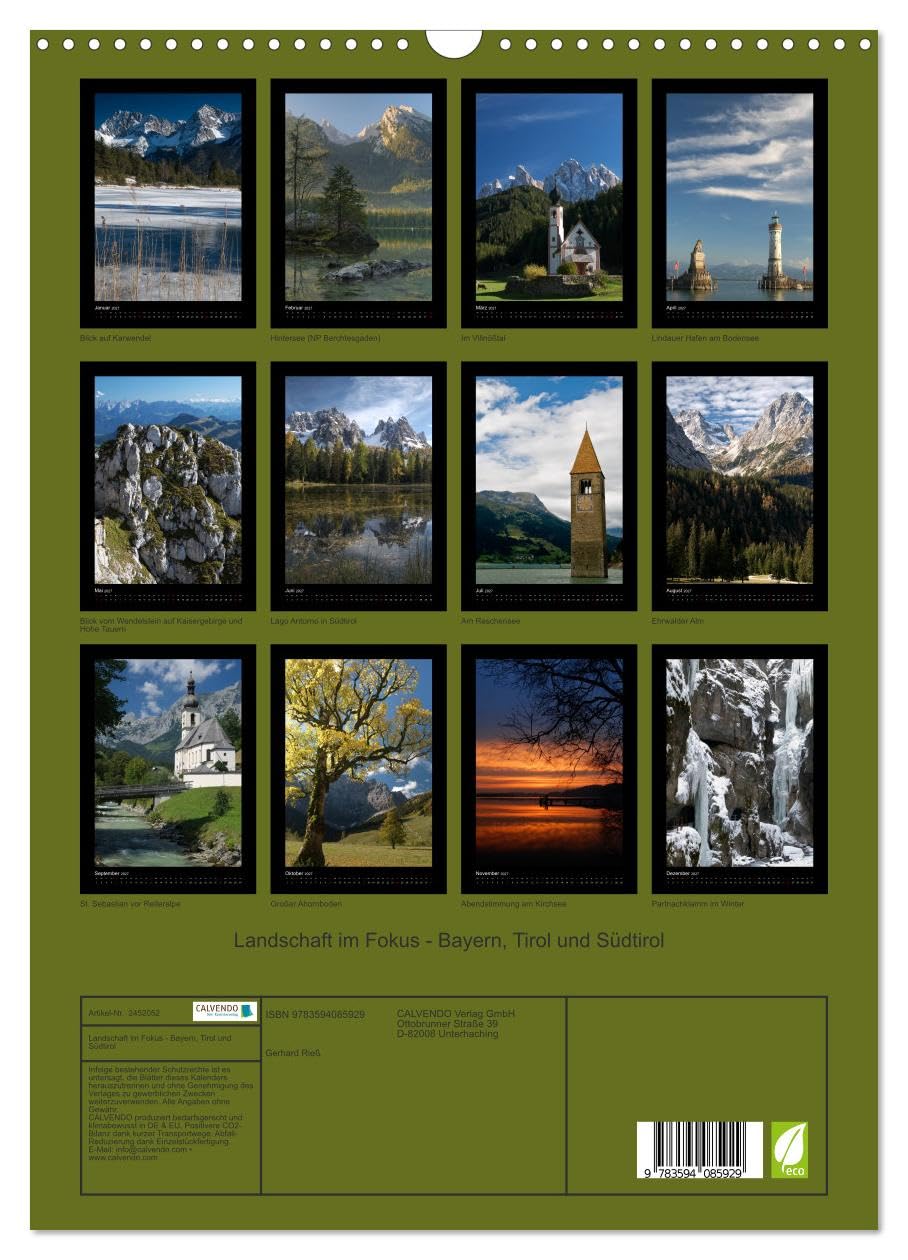 CALVENDO - Landschaft im Fokus - Bayern, Tirol und Südtirol (Wandkalender 2027 DIN A3 hoch), Monatskalender: Landschaftsmotive aus Bayern, Tirol und Südtirol