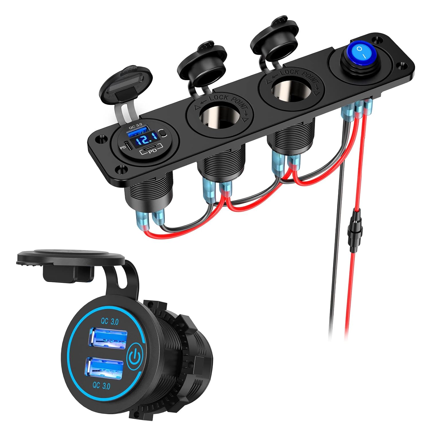 12V USB Cigarette Lighter Socket Panel 12V USB Outlet, Quick Charge 3.0 Dual USB