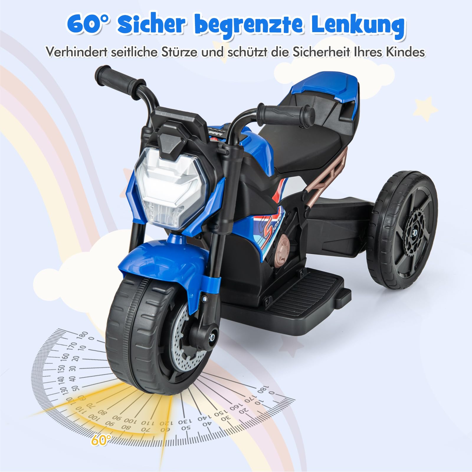 COSTWAY Elektro Motorrad Kinder, Elektromotorrad mit abnehmbaren Stützrädern & Scheinwerfer & Musik & Hupe, 2-3 km/h Motorrad Elektro für Kinder von 18-36 Monaten (Blau)