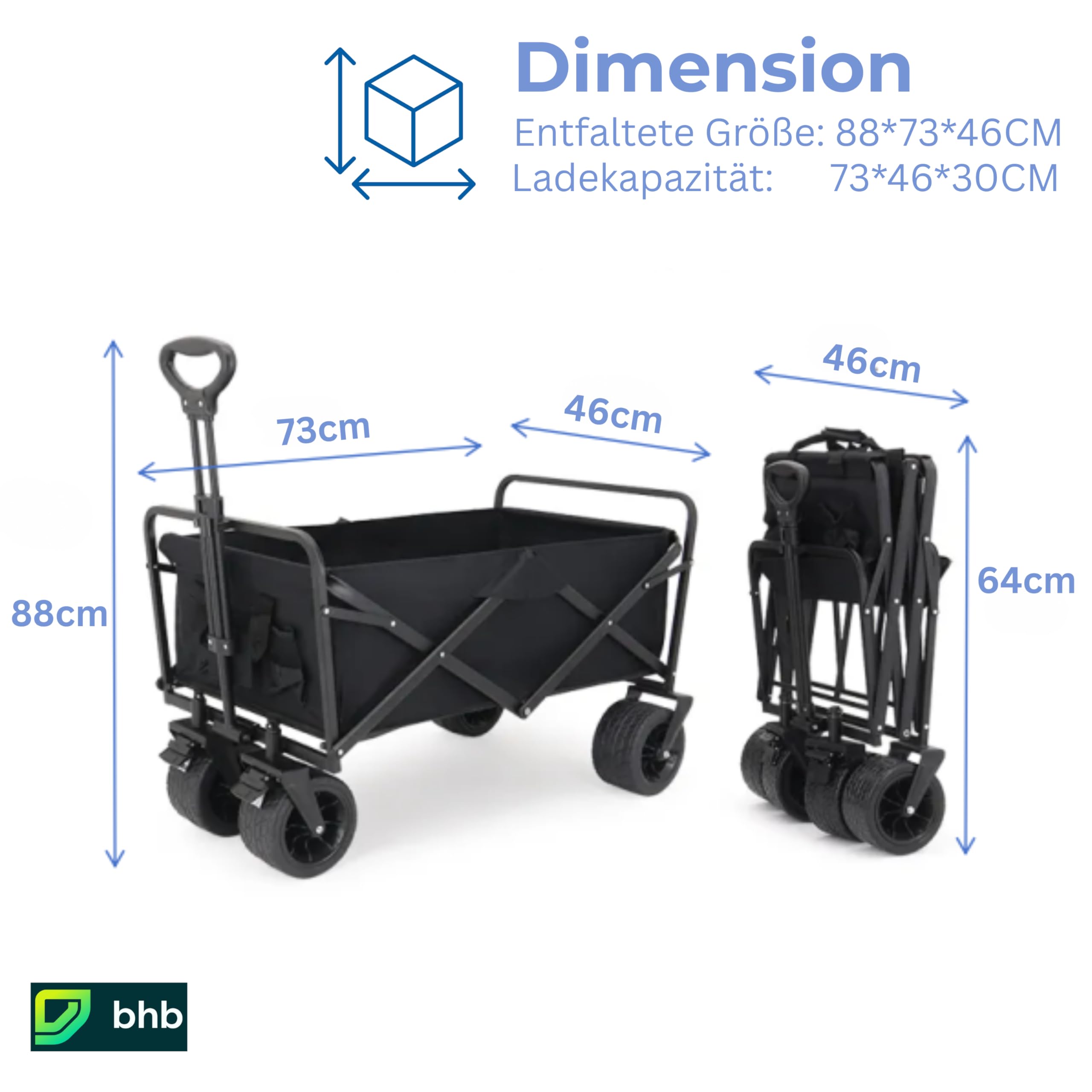 Bollerwagen Faltbar 100L 120kg, Klappbarer Handwagen, Geländegängig, Trolley für Garten Einkauf Camping, Schwarz, 4 Rollen & Kompakt Verstaubar, Größe 88×73×46cm