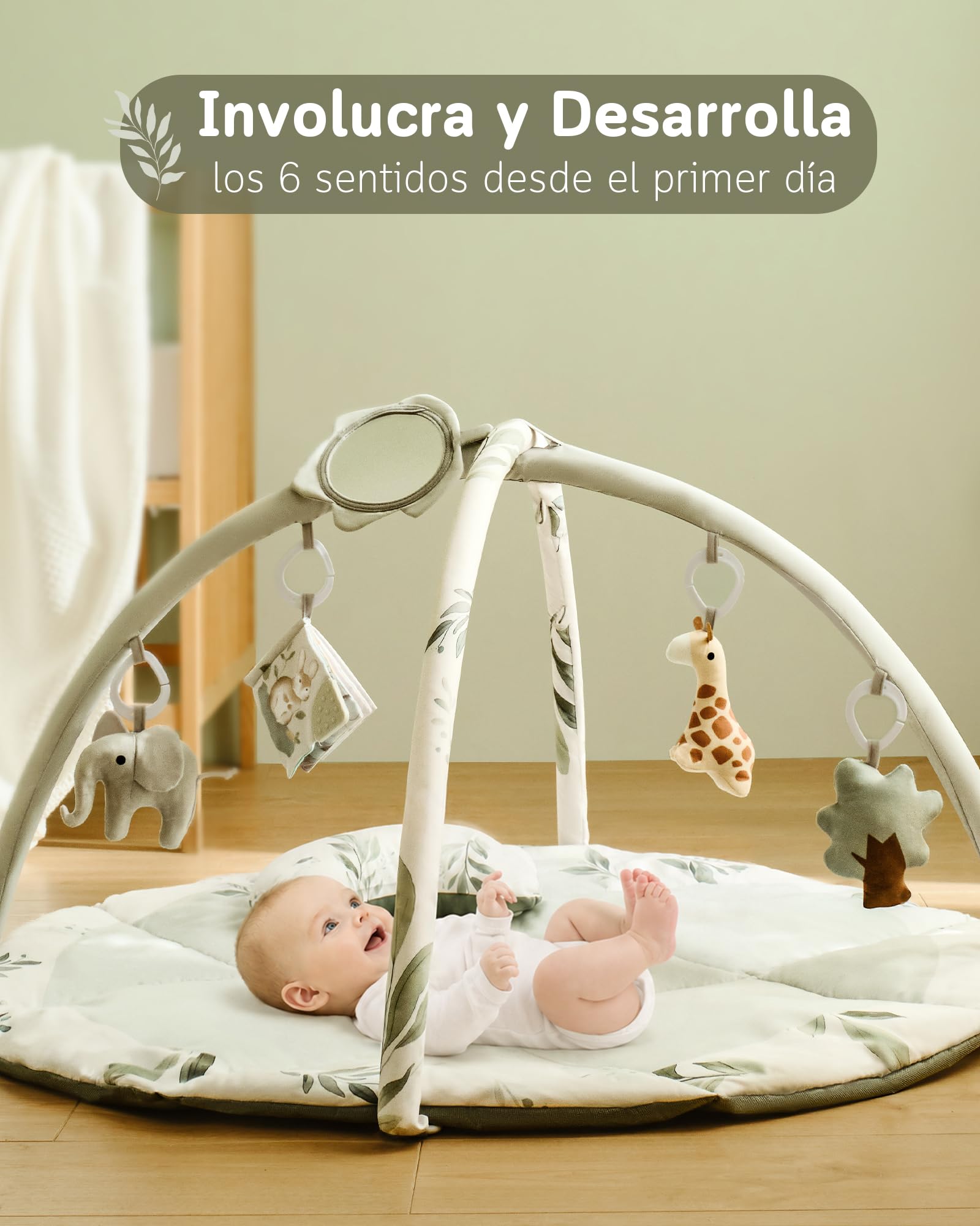 Fortella Gimnasio para Bebé, Tapete de Actividades, Manta de Juegos Plegable con 5 Juguetes Colgantes, Espejo y Almohada -Alfombra Acolchada para el Gateo, Desarrollo Infantil, 0-3-6-12 Meses(Verde)